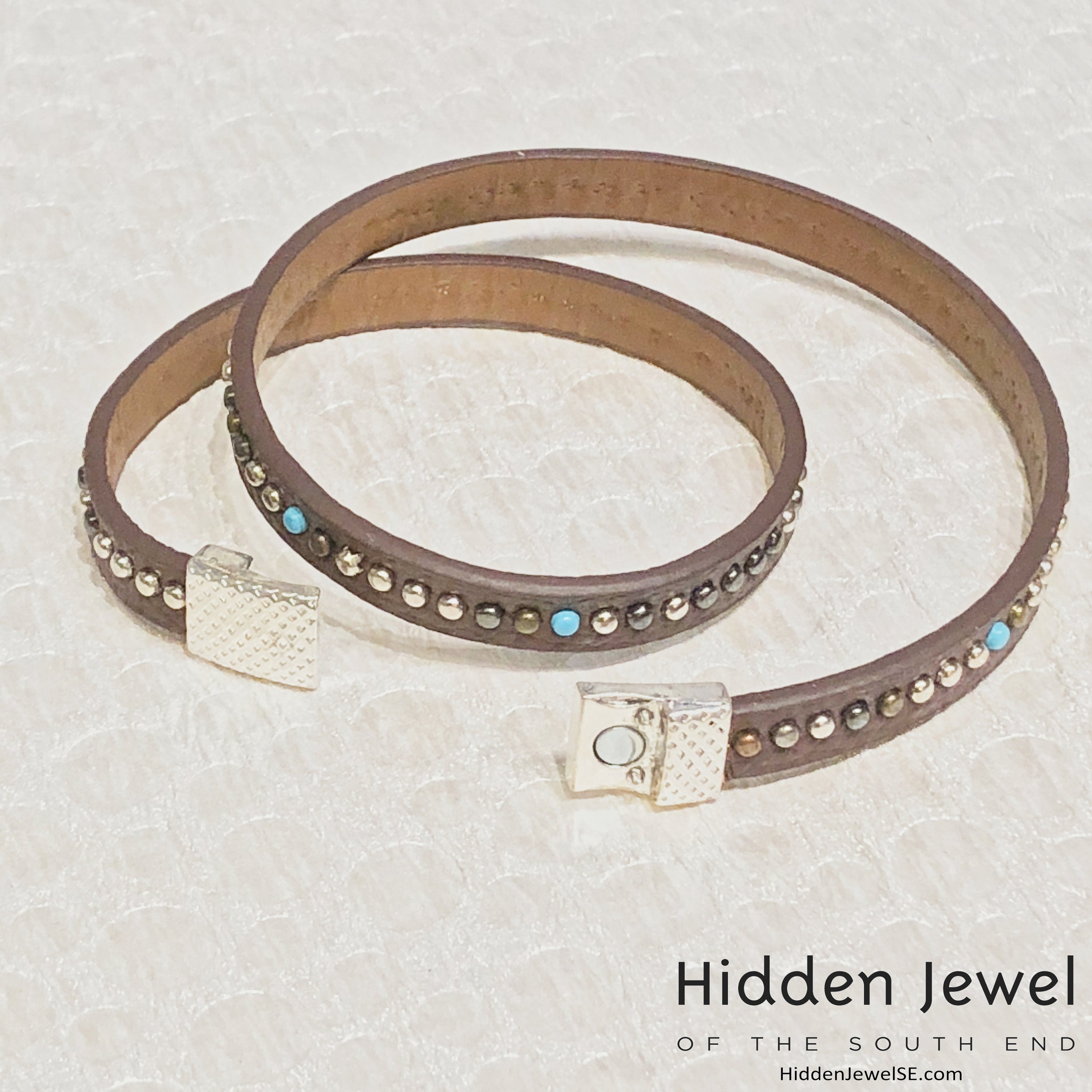 Light brown turquoise studded wrapped Leather flat bangle sz8.75