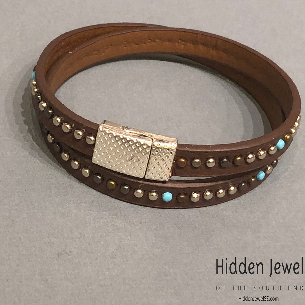 Light brown turquoise studded wrapped Leather flat bangle sz8.75