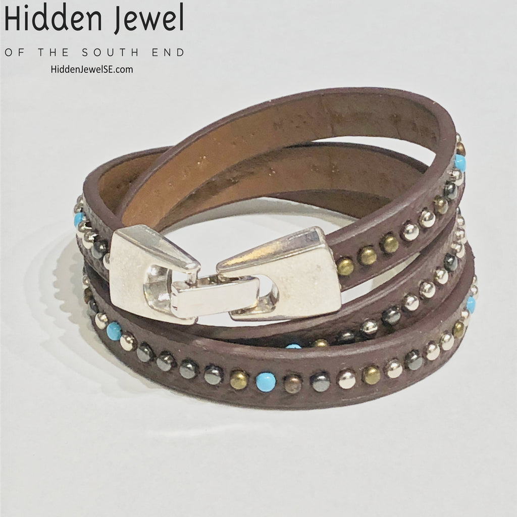 Light brown turquoise studded wrapped Leather flat bangle sz8.75