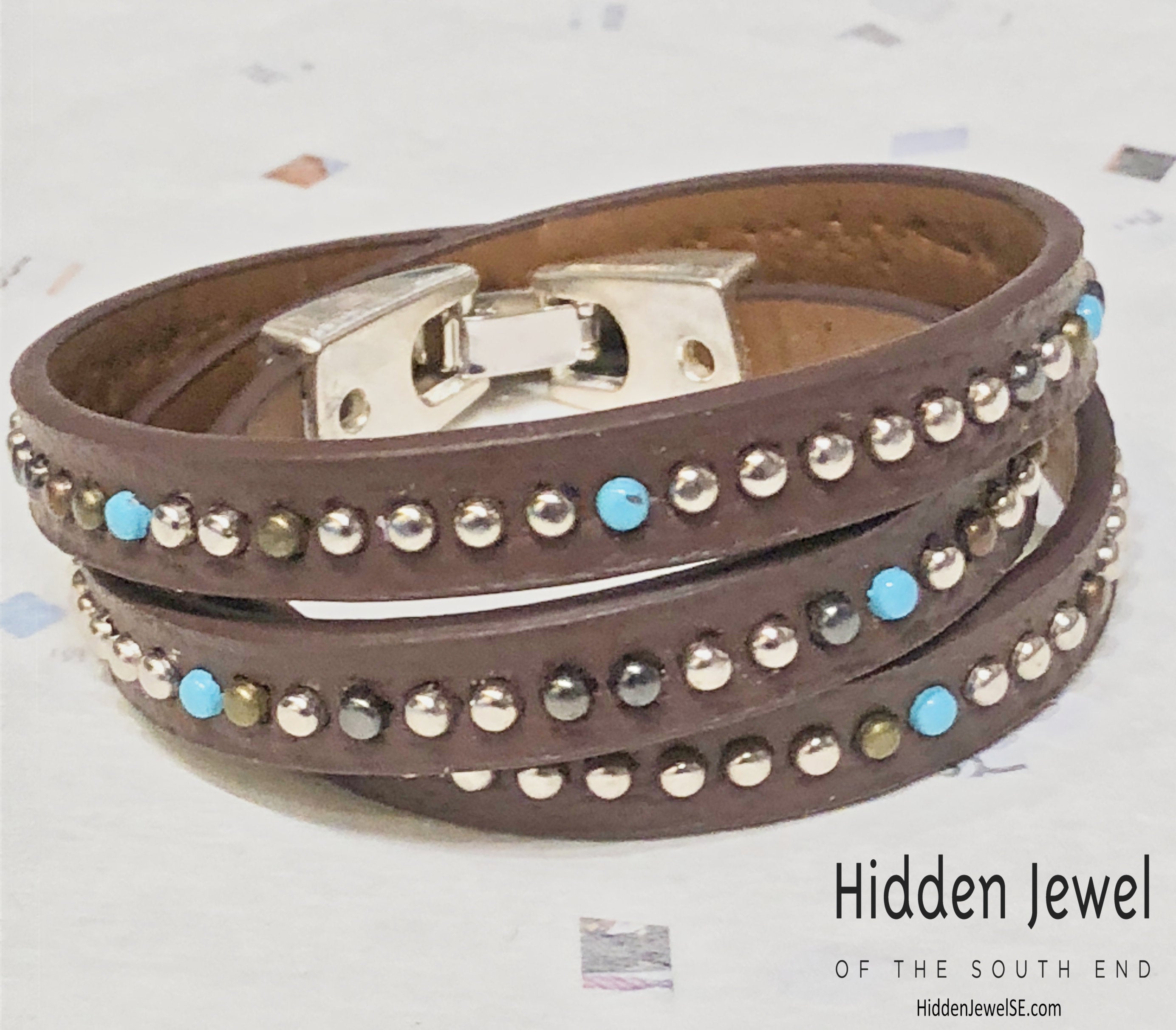 Light brown turquoise studded wrapped Leather flat bangle sz8.75