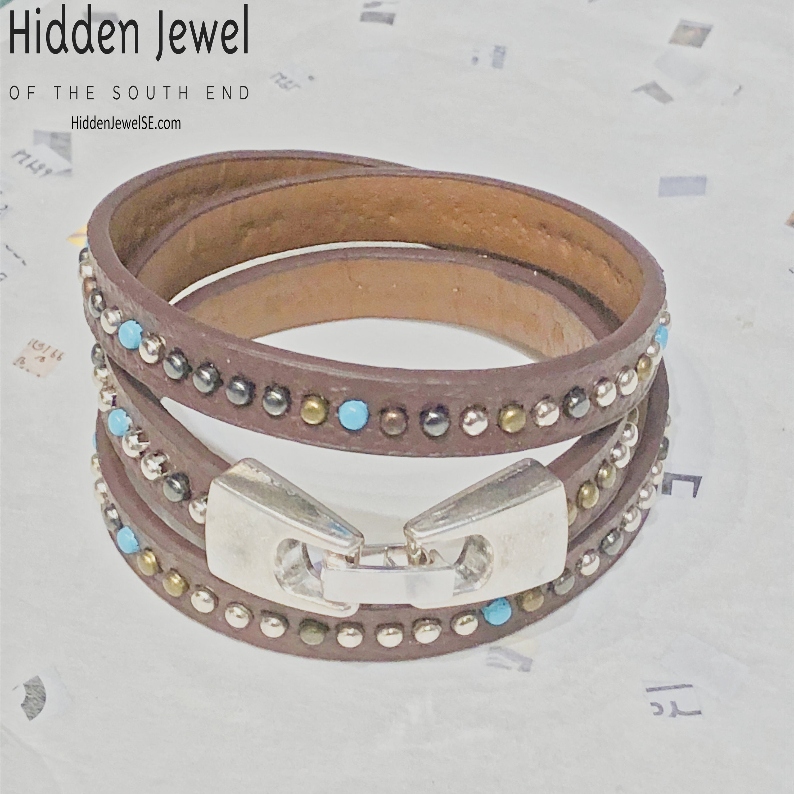 Light brown turquoise studded wrapped Leather flat bangle sz8.75