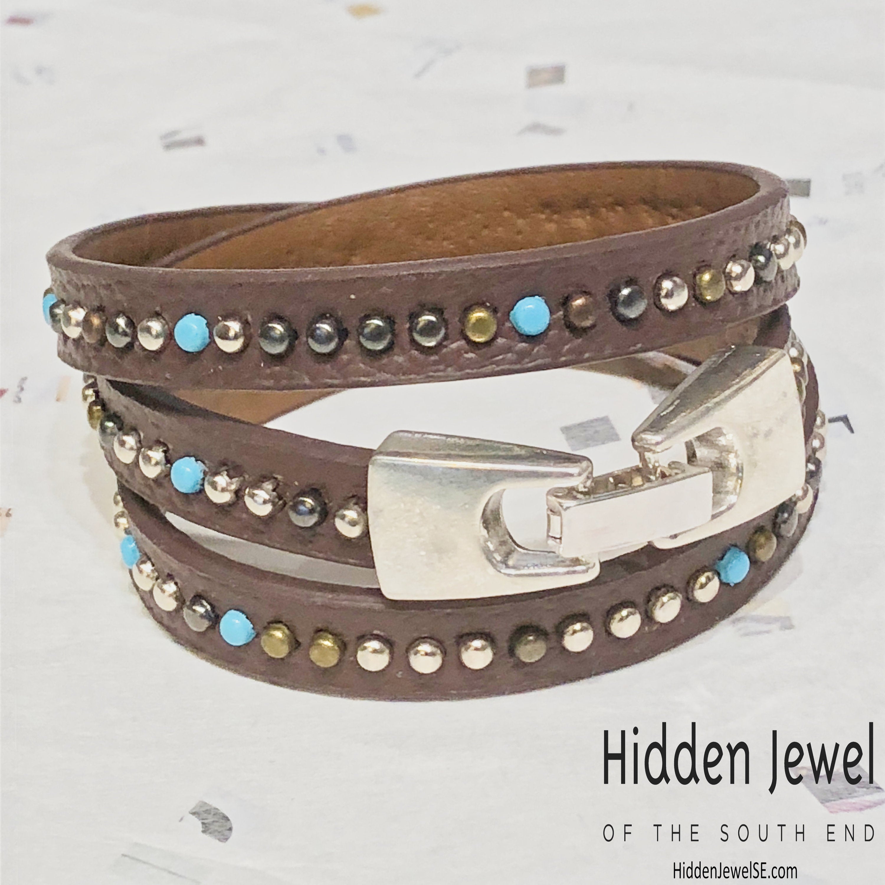 Light brown turquoise studded wrapped Leather flat bangle sz8.75