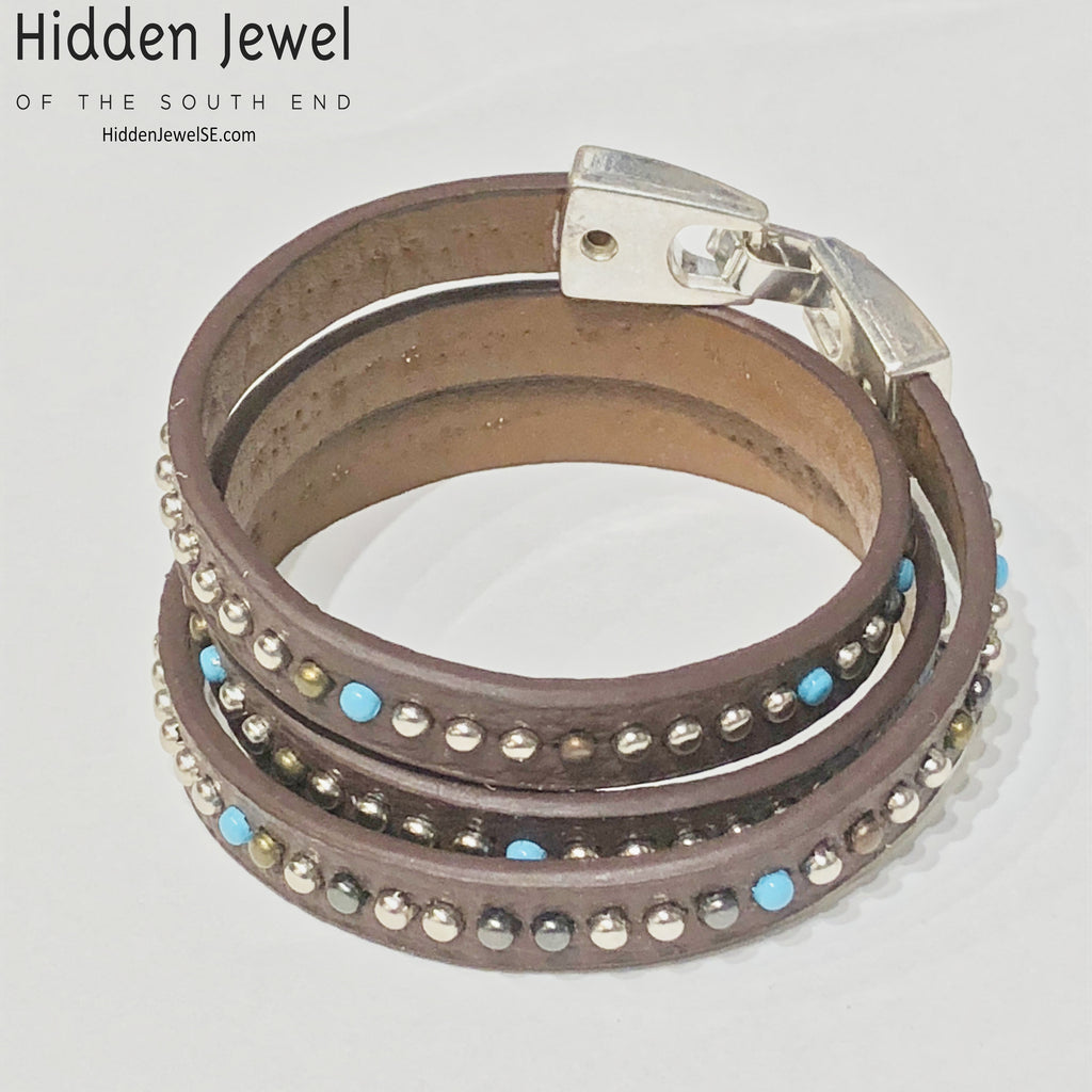 Light brown turquoise studded wrapped Leather flat bangle sz8.75