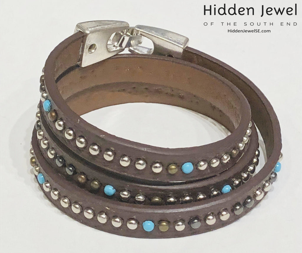 Light brown turquoise studded wrapped Leather flat bangle sz8.75