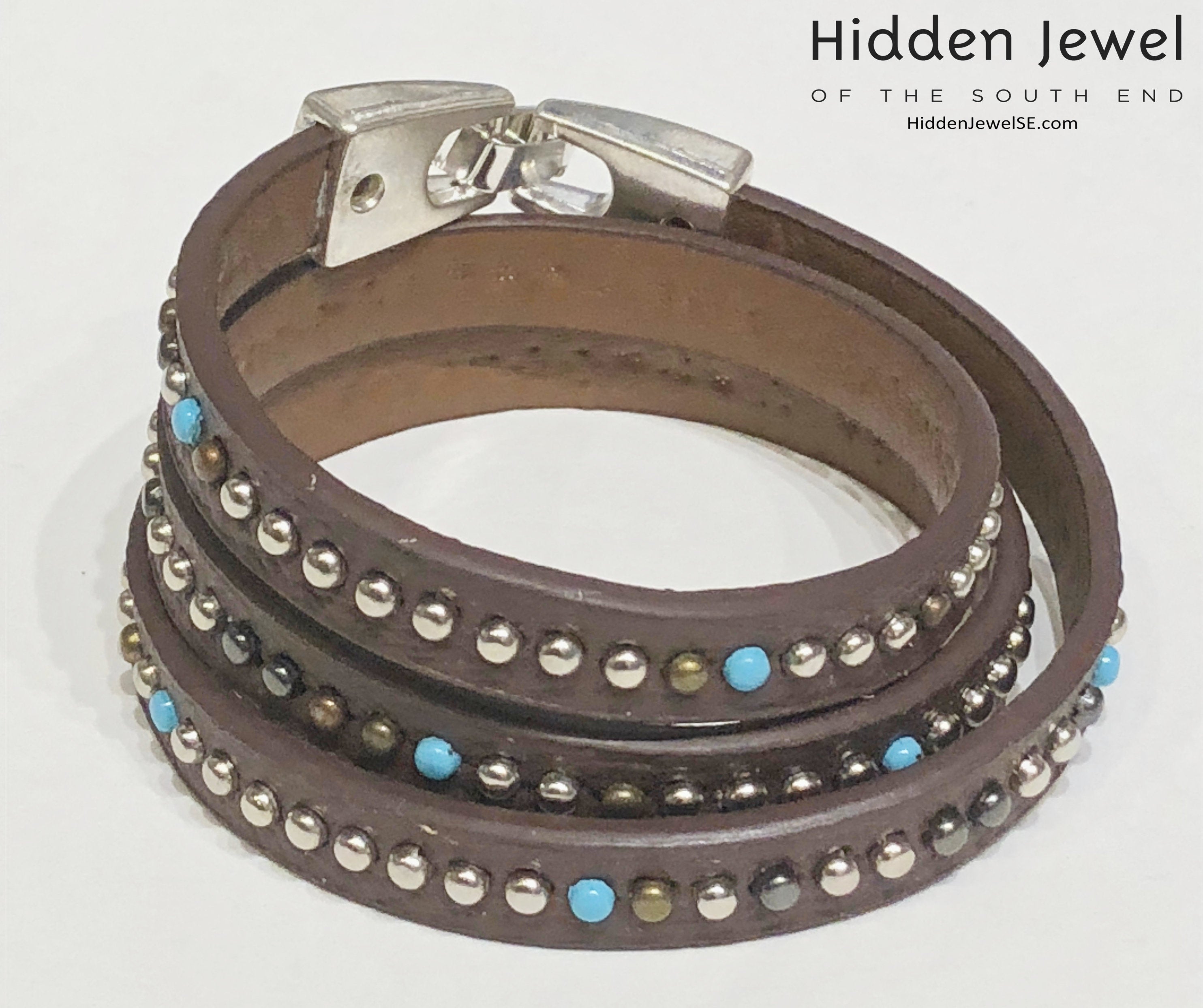 Light brown turquoise studded wrapped Leather flat bangle sz8.75