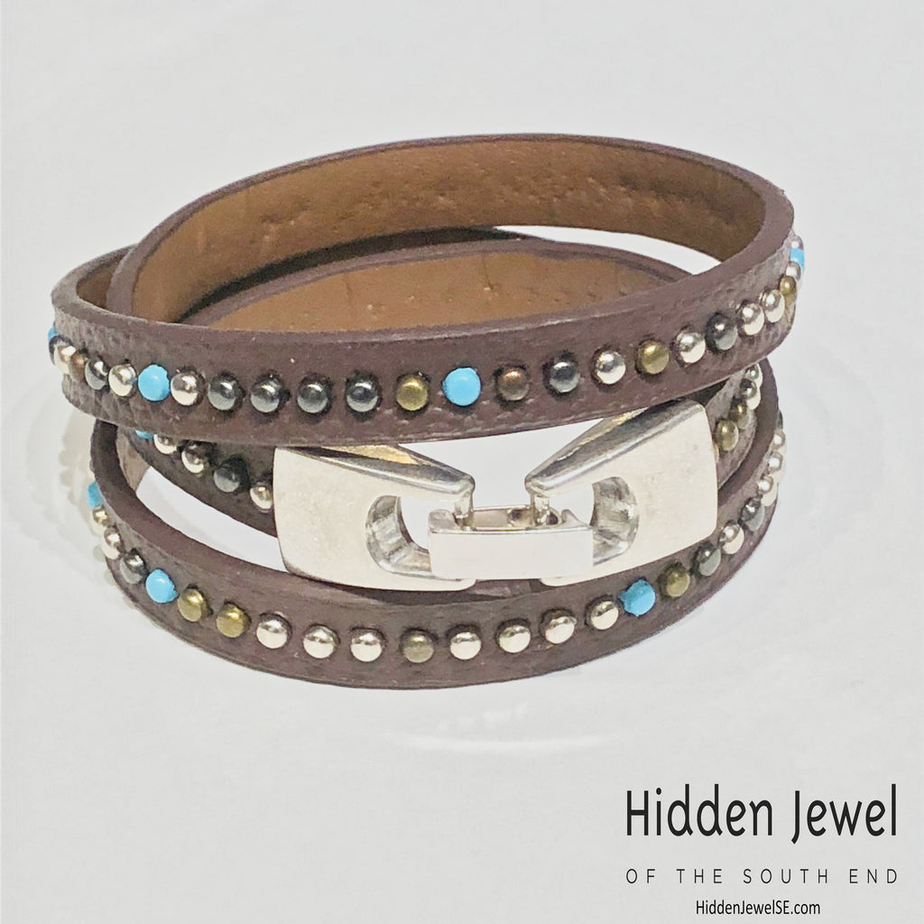 Light brown turquoise studded wrapped Leather flat bangle sz8.75