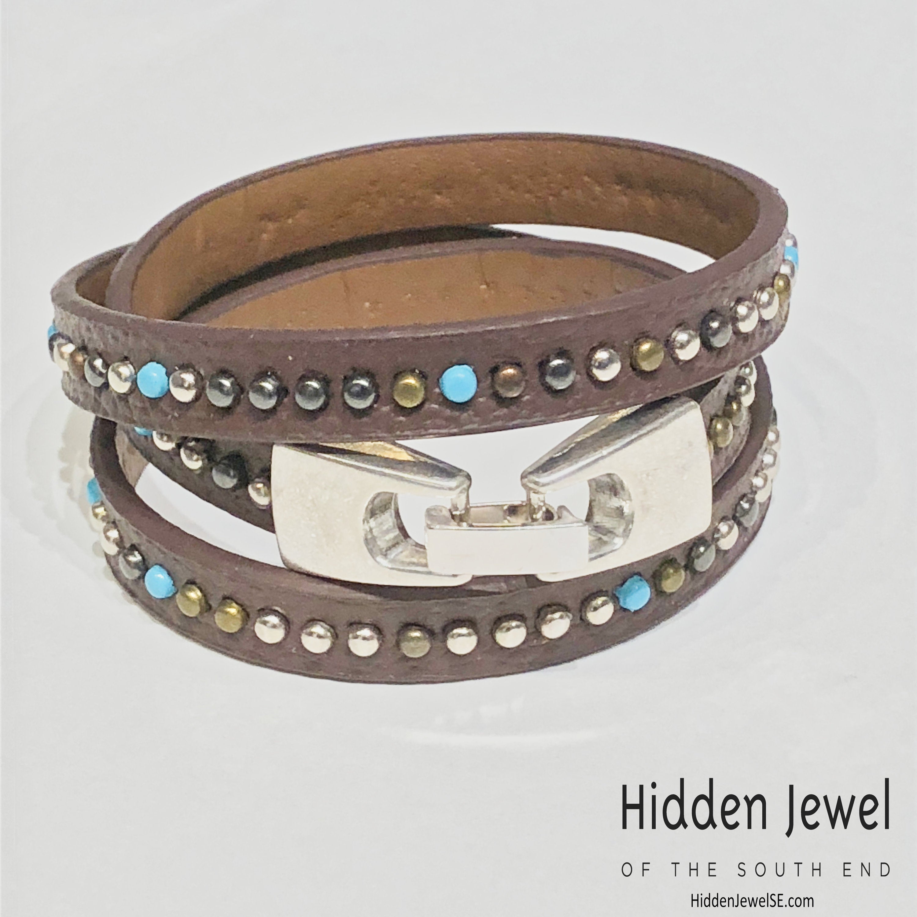 Light brown turquoise studded wrapped Leather flat bangle sz8.75