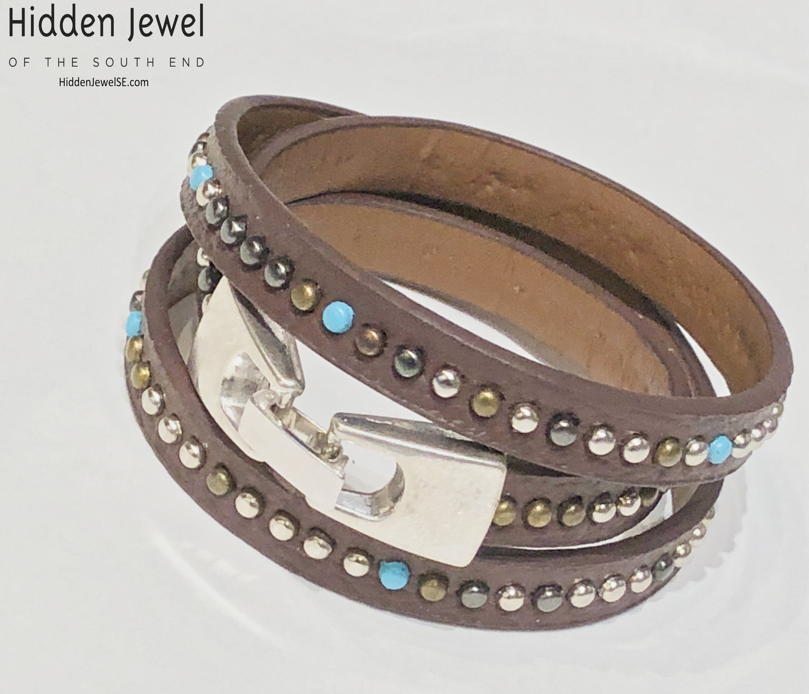 Light brown turquoise studded wrapped Leather flat bangle sz8.75