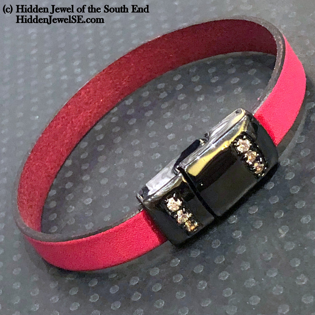 Hot pink Leather flat bangle with magnetic black pave crystal clasp, size 7