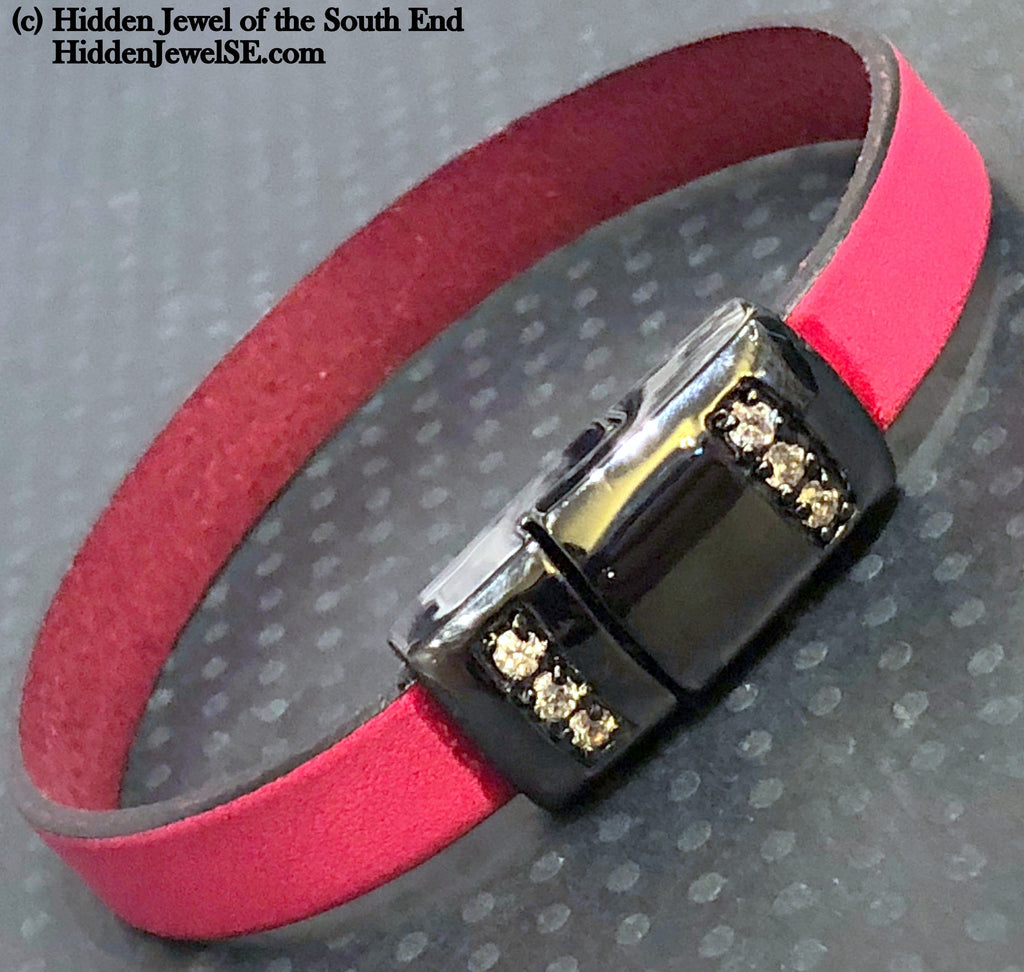 Hot pink Leather flat bangle with magnetic black pave crystal clasp, size 7