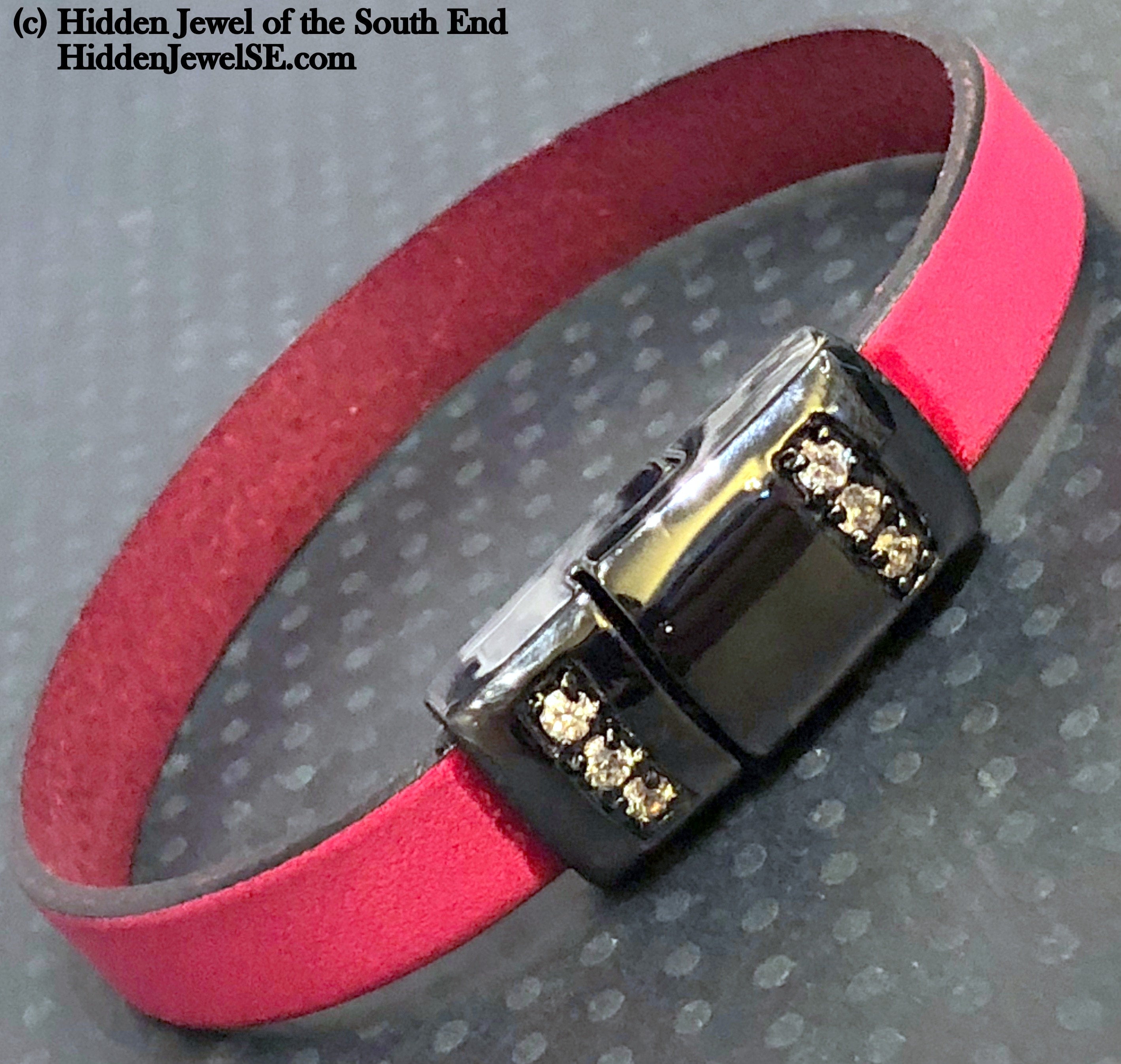 Hot pink Leather flat bangle with magnetic black pave crystal clasp, size 7