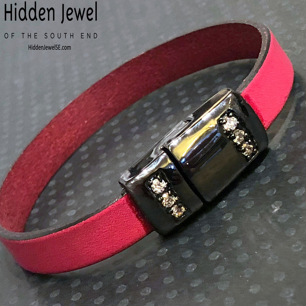 Hot pink Leather flat bangle with magnetic black pave crystal clasp, size 7