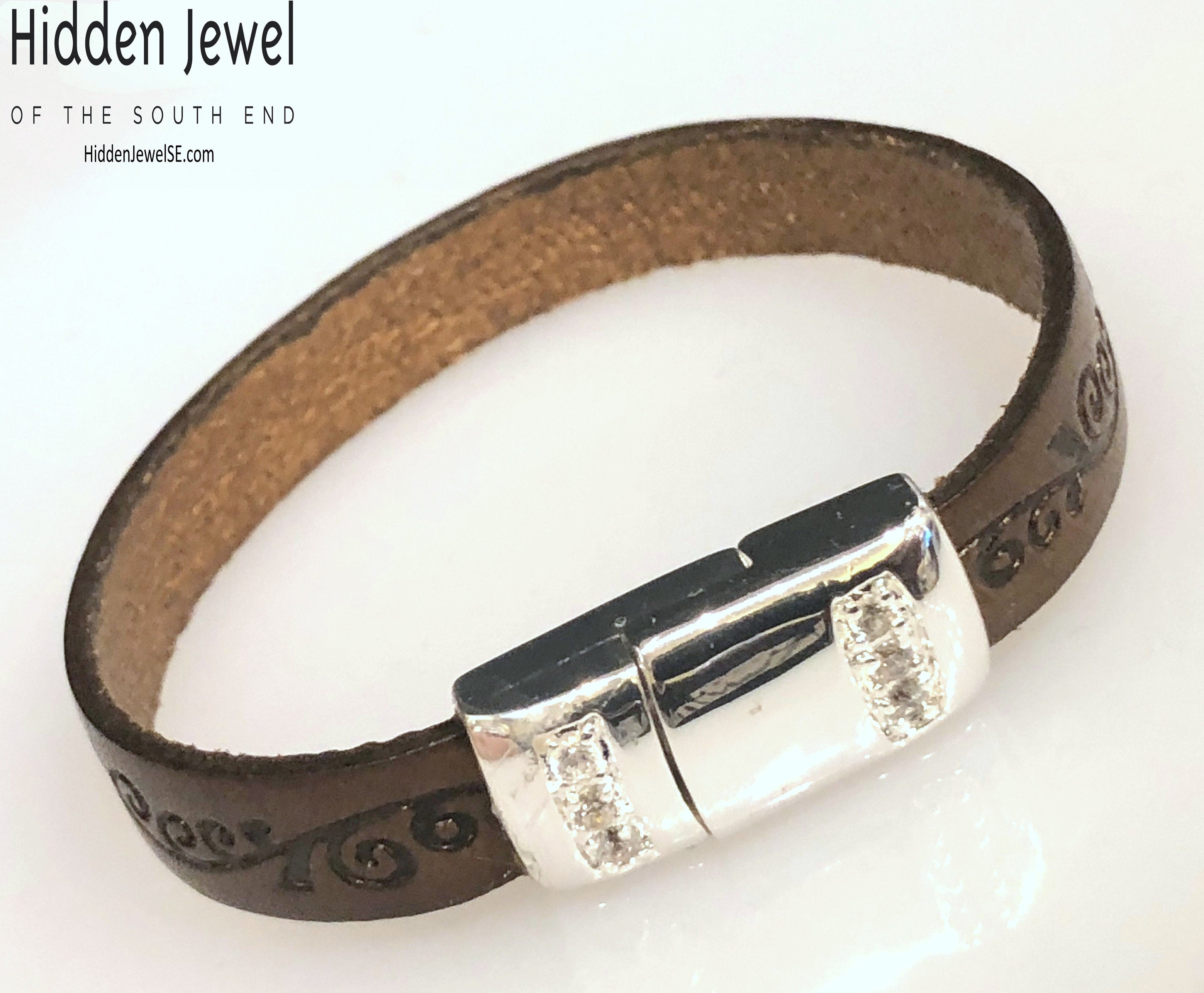 Patterned brown wrapped Leather flat bangle Bracelet size 7
