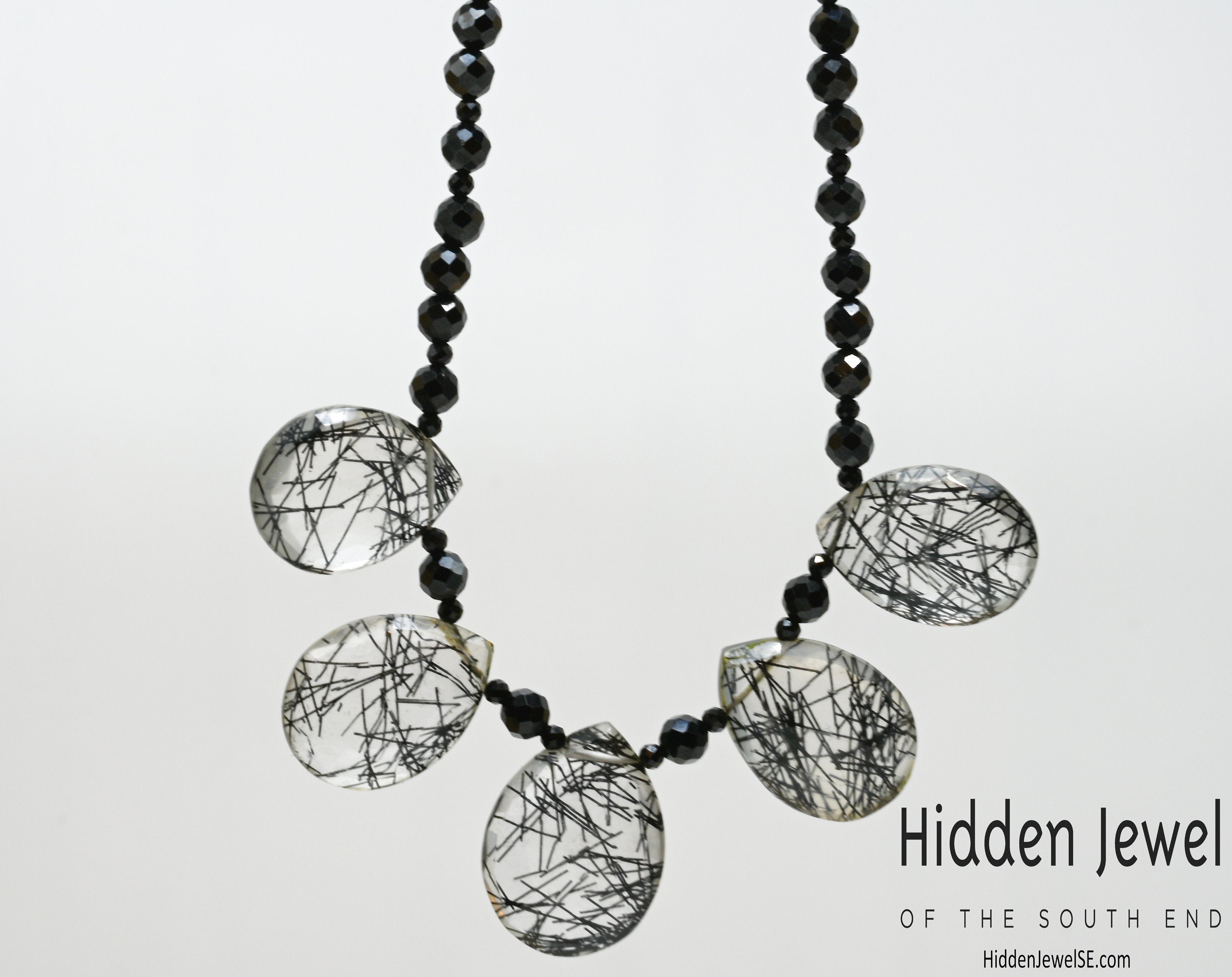 Spinel Gemstone necklace with Rutilated Quartz faceted Drops