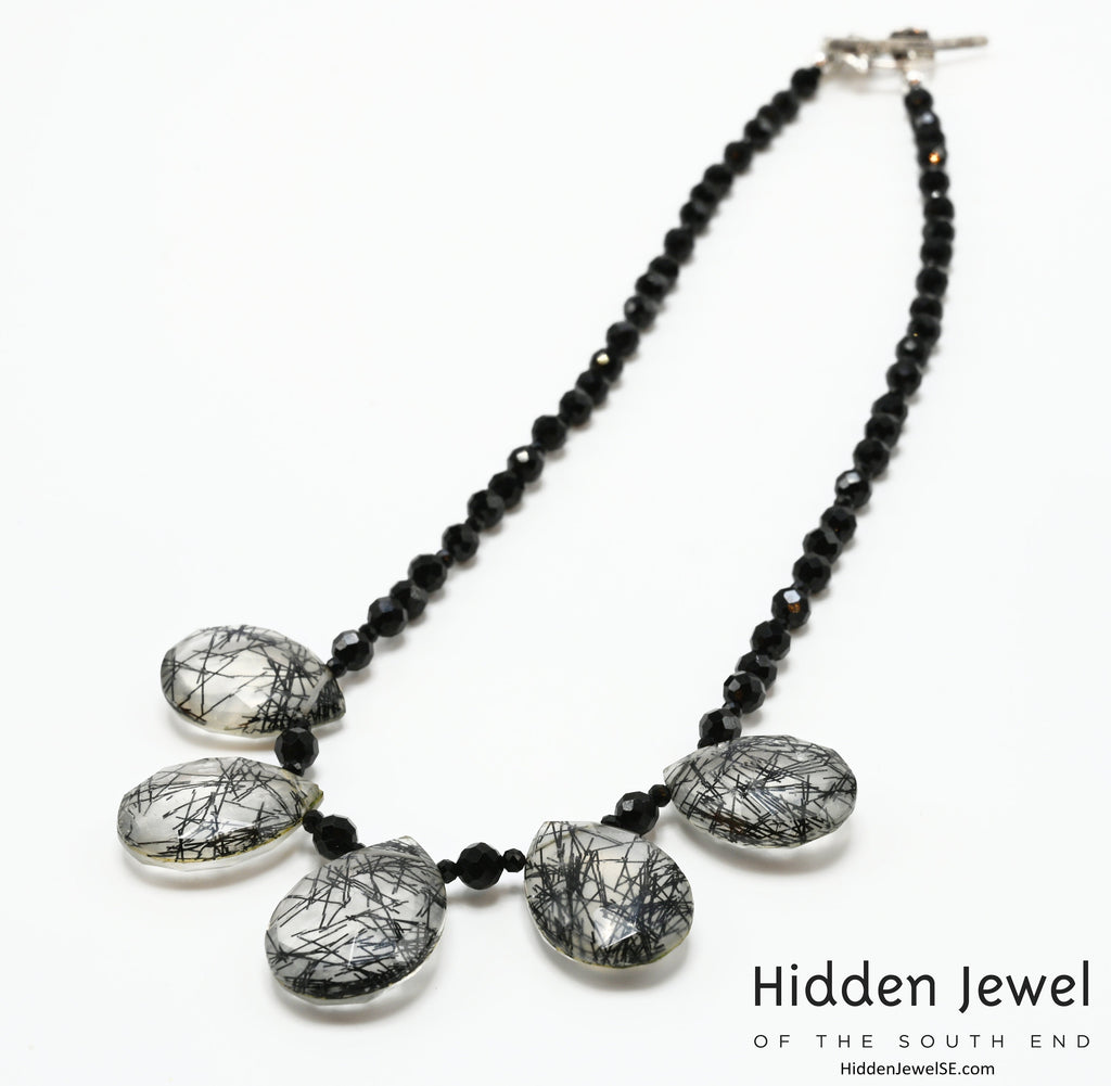 Spinel Gemstone necklace with Rutilated Quartz faceted Drops