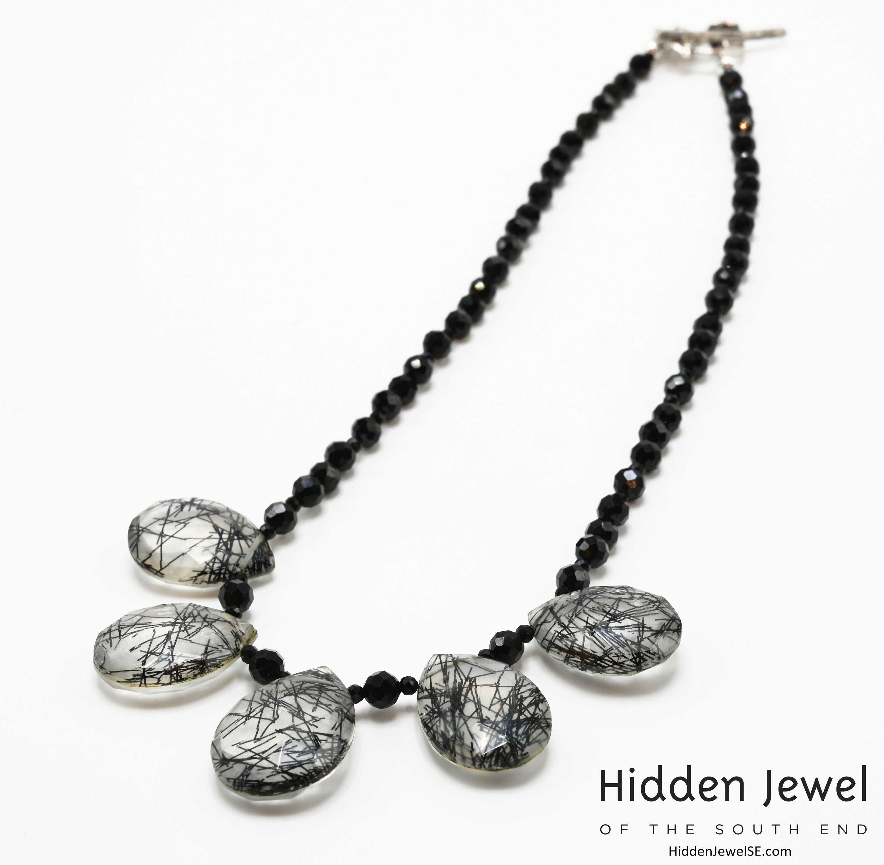 Spinel Gemstone necklace with Rutilated Quartz faceted Drops