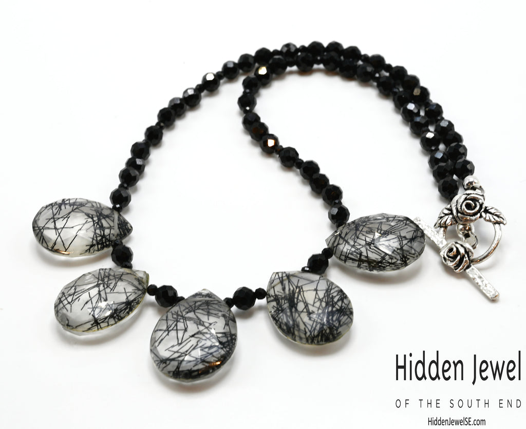 Spinel Gemstone necklace with Rutilated Quartz faceted Drops