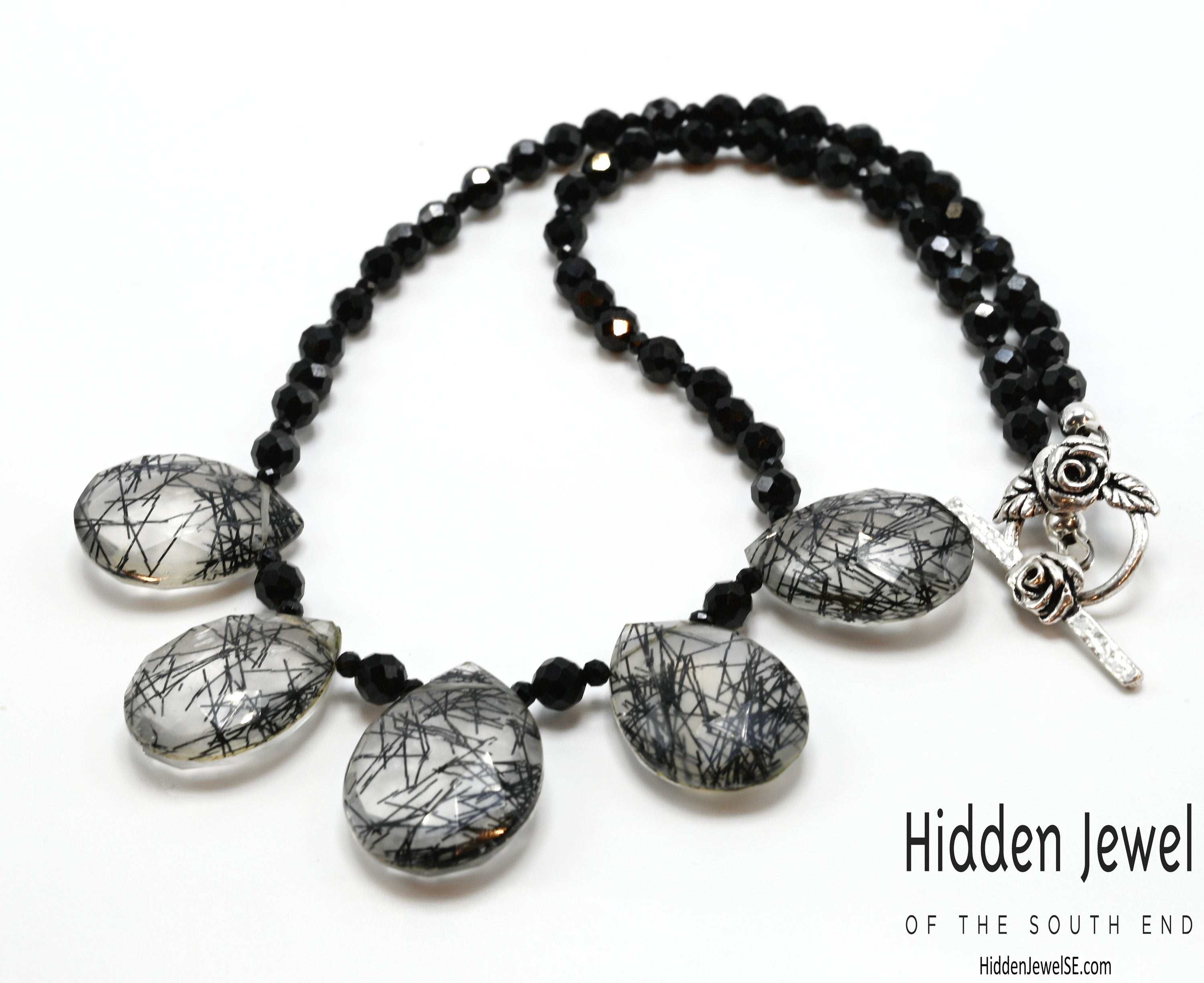 Spinel Gemstone necklace with Rutilated Quartz faceted Drops