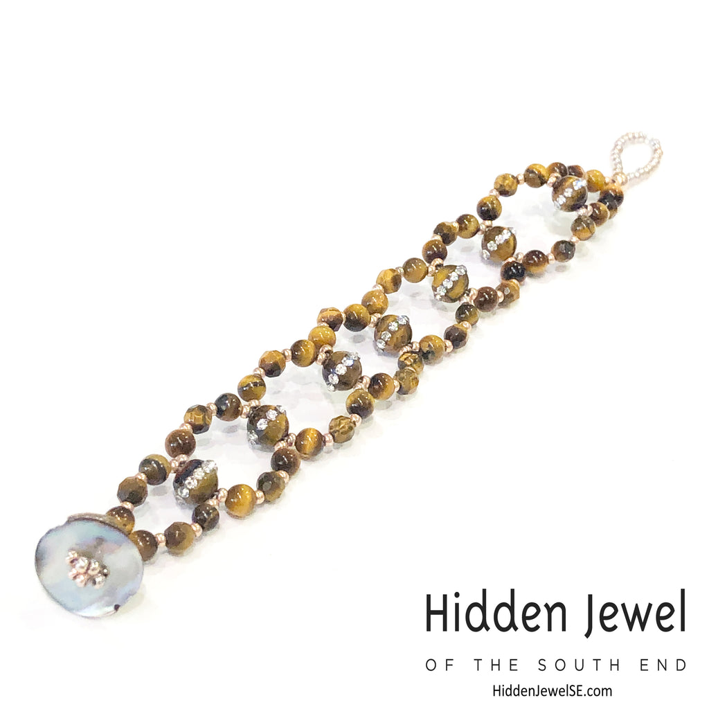 Tiger Eye Cross Weave Bracelet, Tiger Eye bracelet with CZ's, size 6''