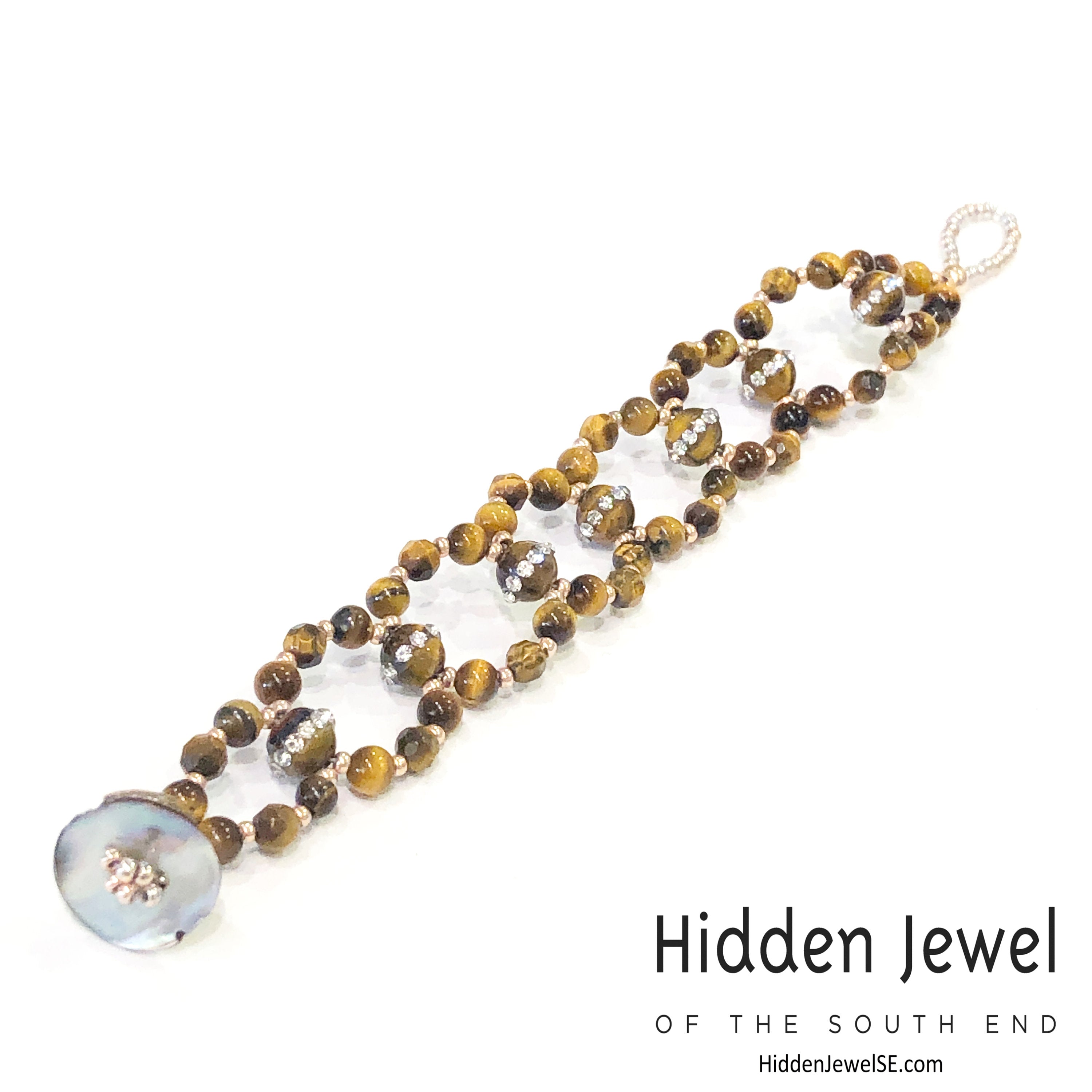 Tiger Eye Cross Weave Bracelet, Tiger Eye bracelet with CZ's, size 6''