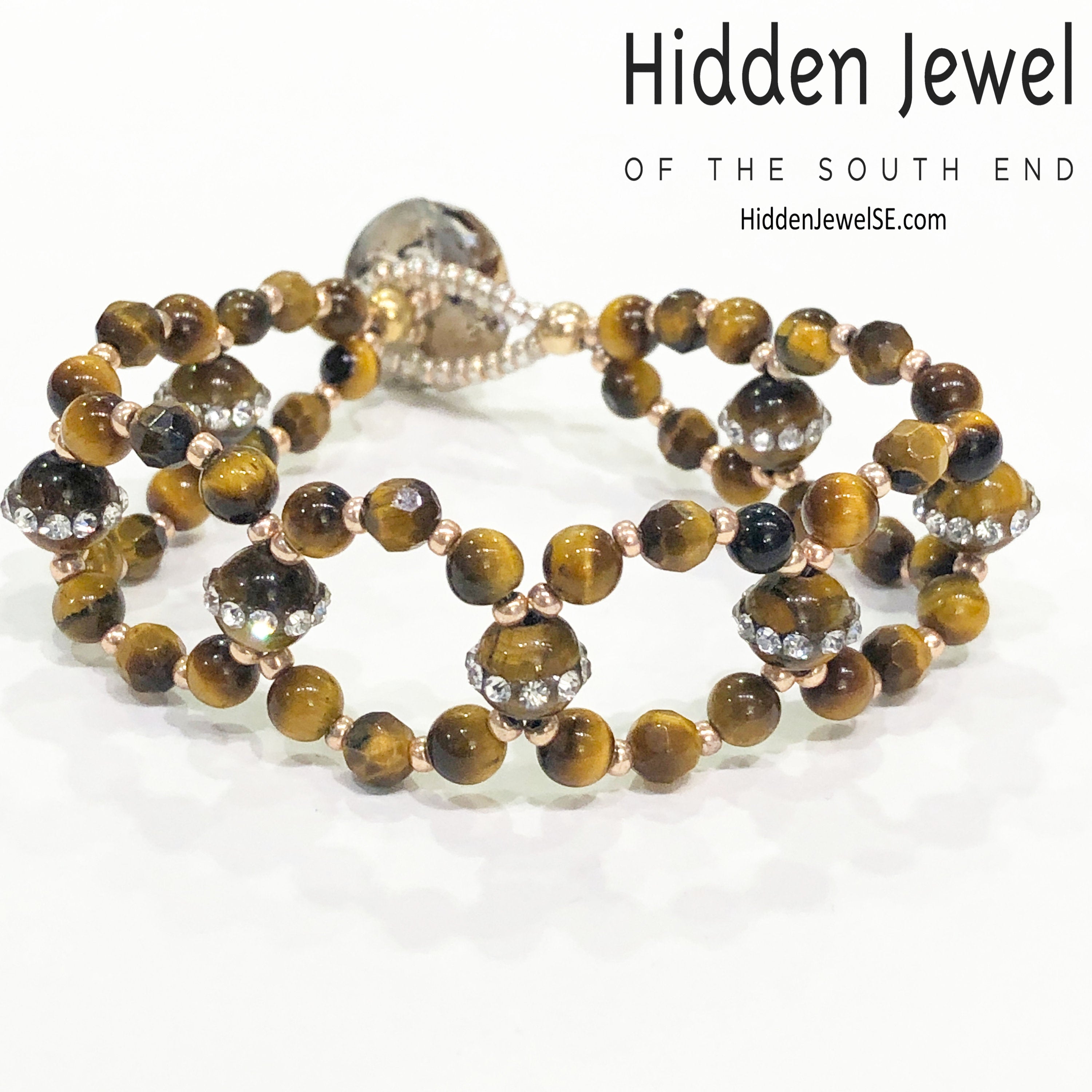Tiger Eye Cross Weave Bracelet, Tiger Eye bracelet with CZ's, size 6''