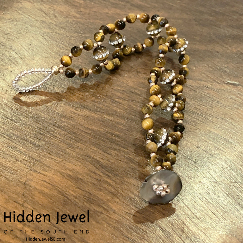 Tiger Eye Cross Weave Bracelet, Tiger Eye bracelet with CZ's, size 6''