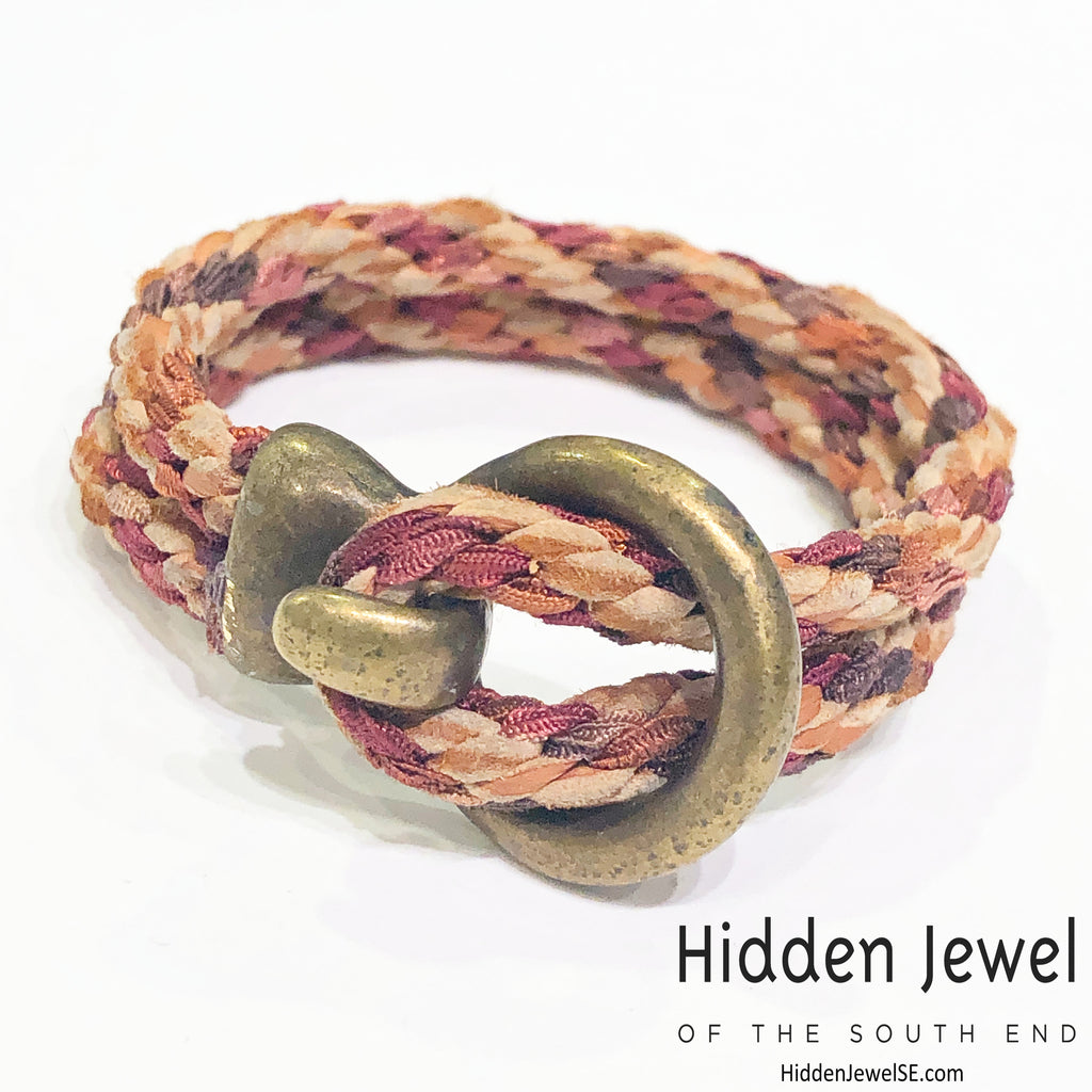 Brown Kumihimo Braided bracelet with brass hook clasp, sz 6.75