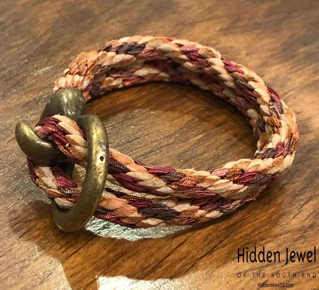 Brown Kumihimo Braided bracelet with brass hook clasp, sz 6.75