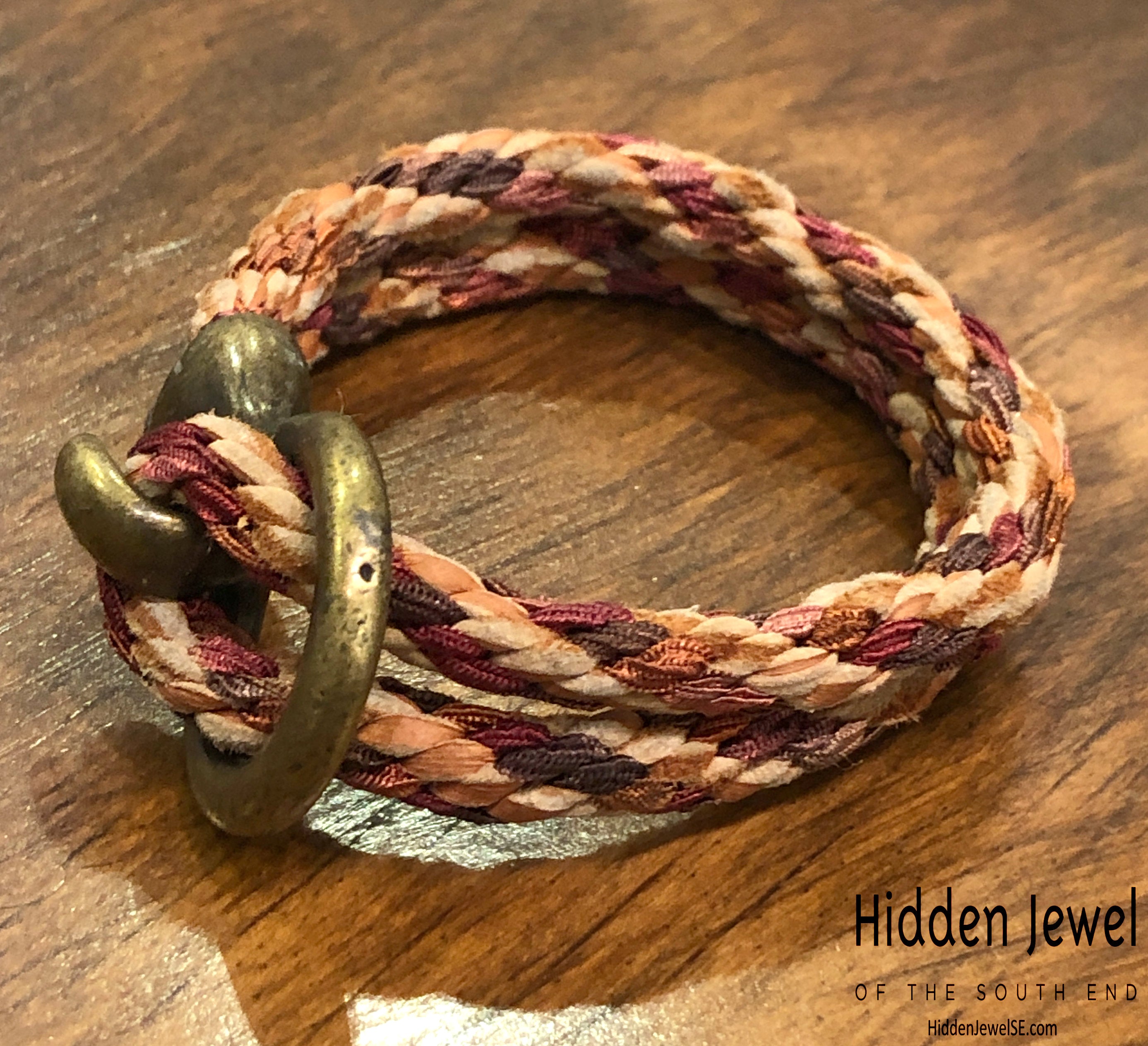 Brown Kumihimo Braided bracelet with brass hook clasp, sz 6.75