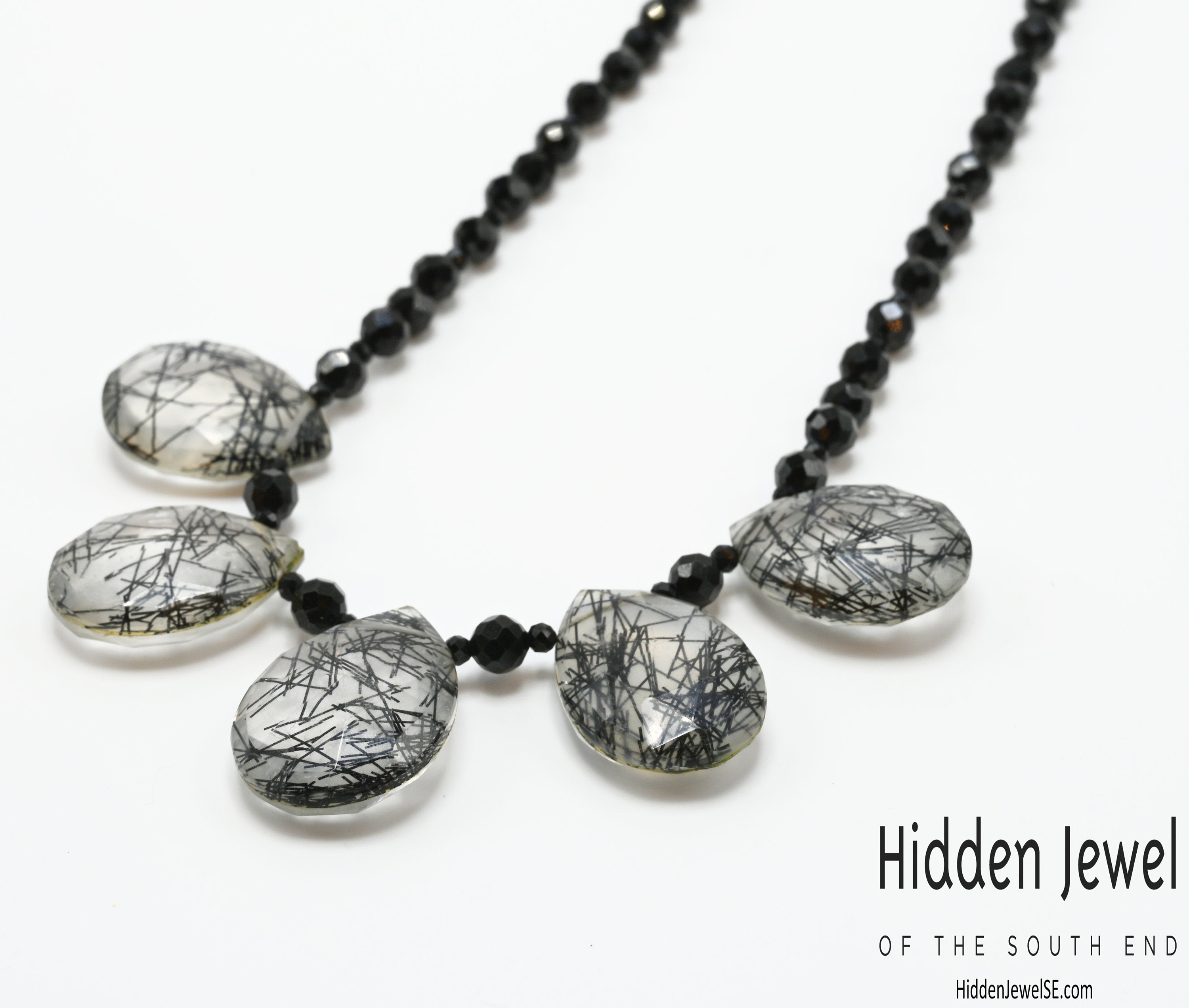 Spinel Gemstone necklace with Rutilated Quartz faceted Drops
