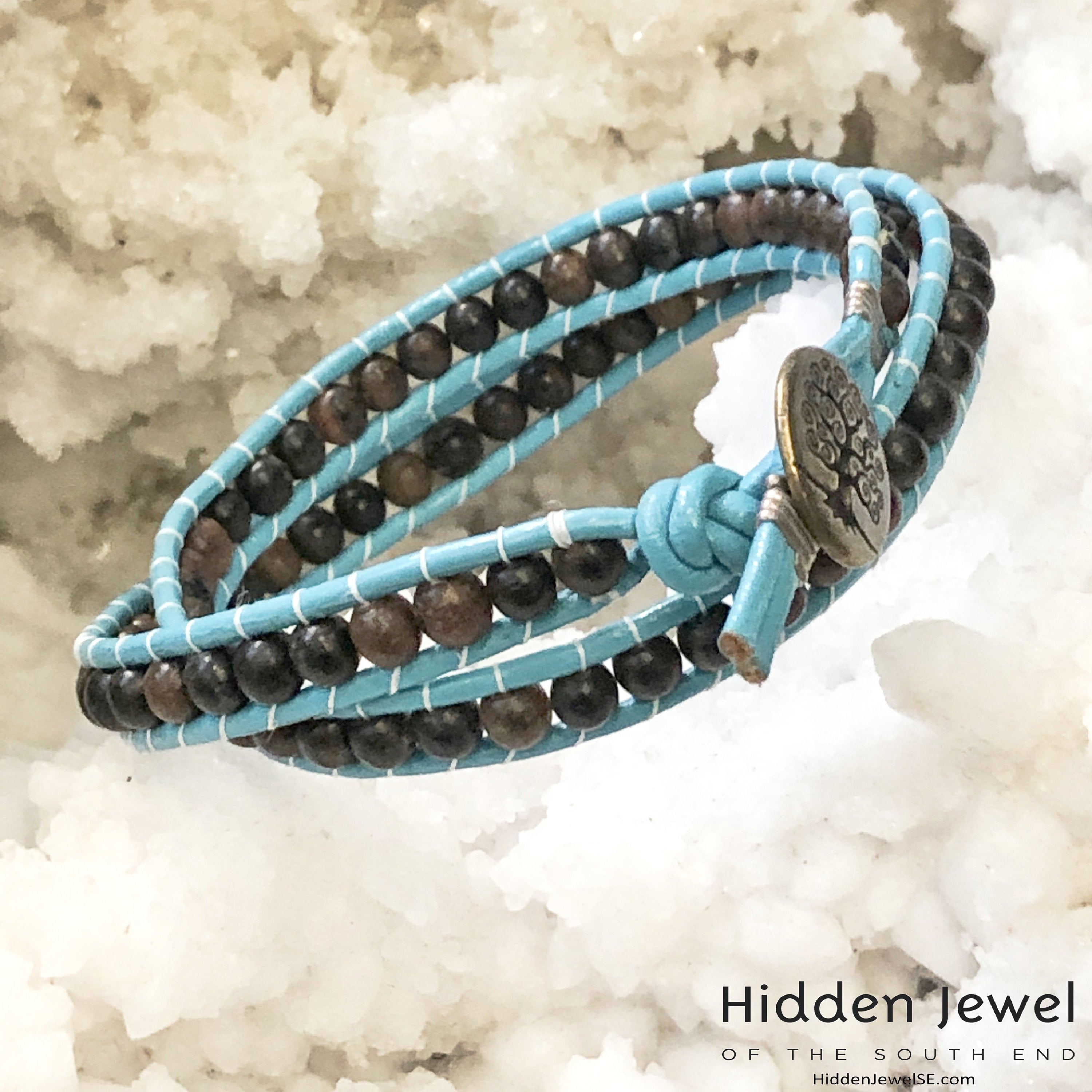 Blue Leather wrap with Ebony wood beads, jewelry