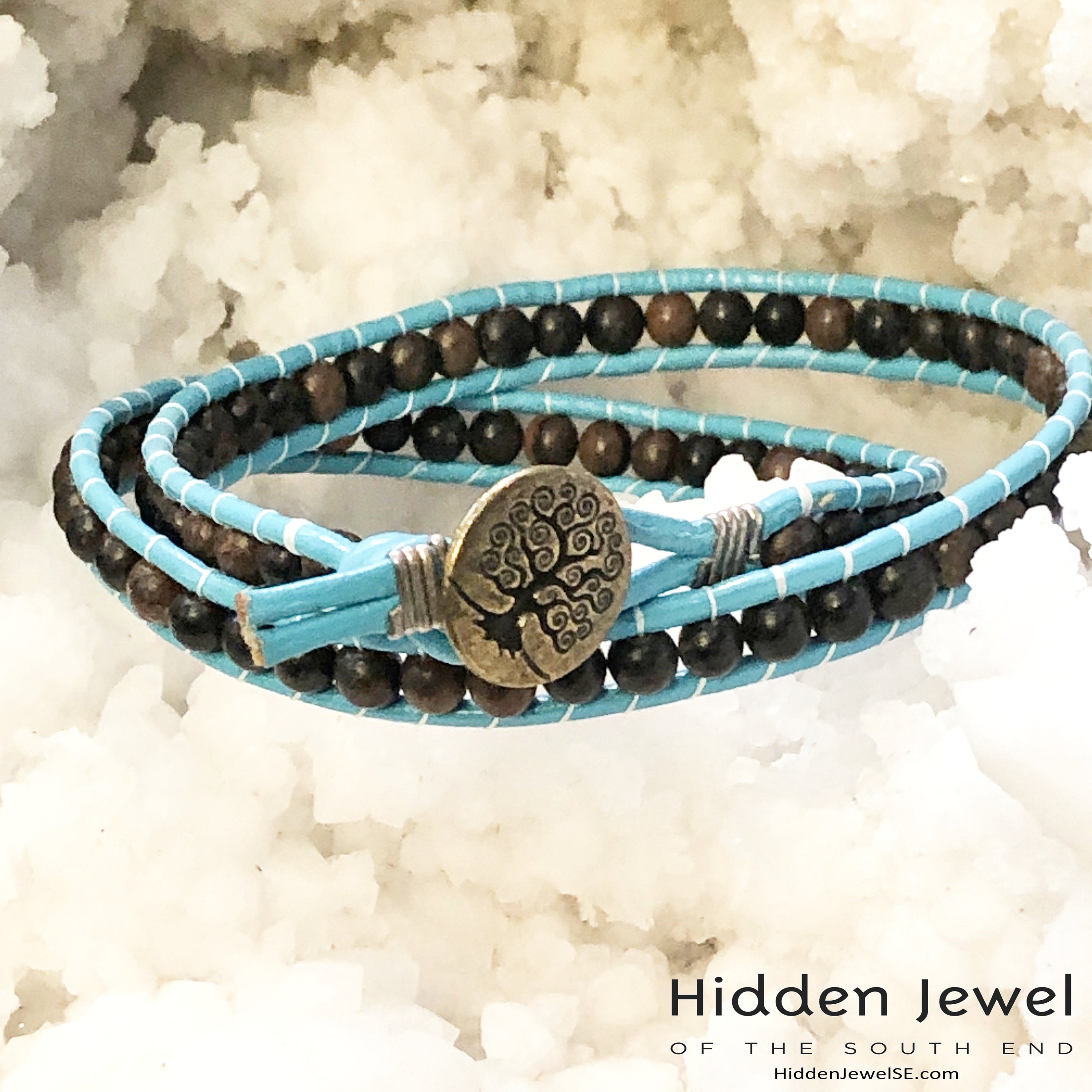Blue Leather wrap with Ebony wood beads, jewelry