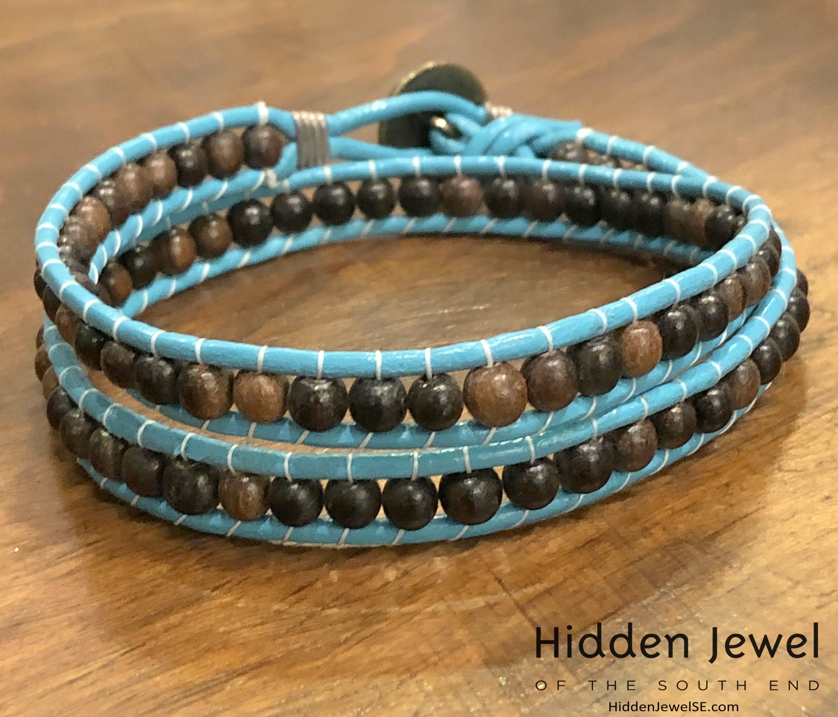 Blue Leather wrap with Ebony wood beads, jewelry