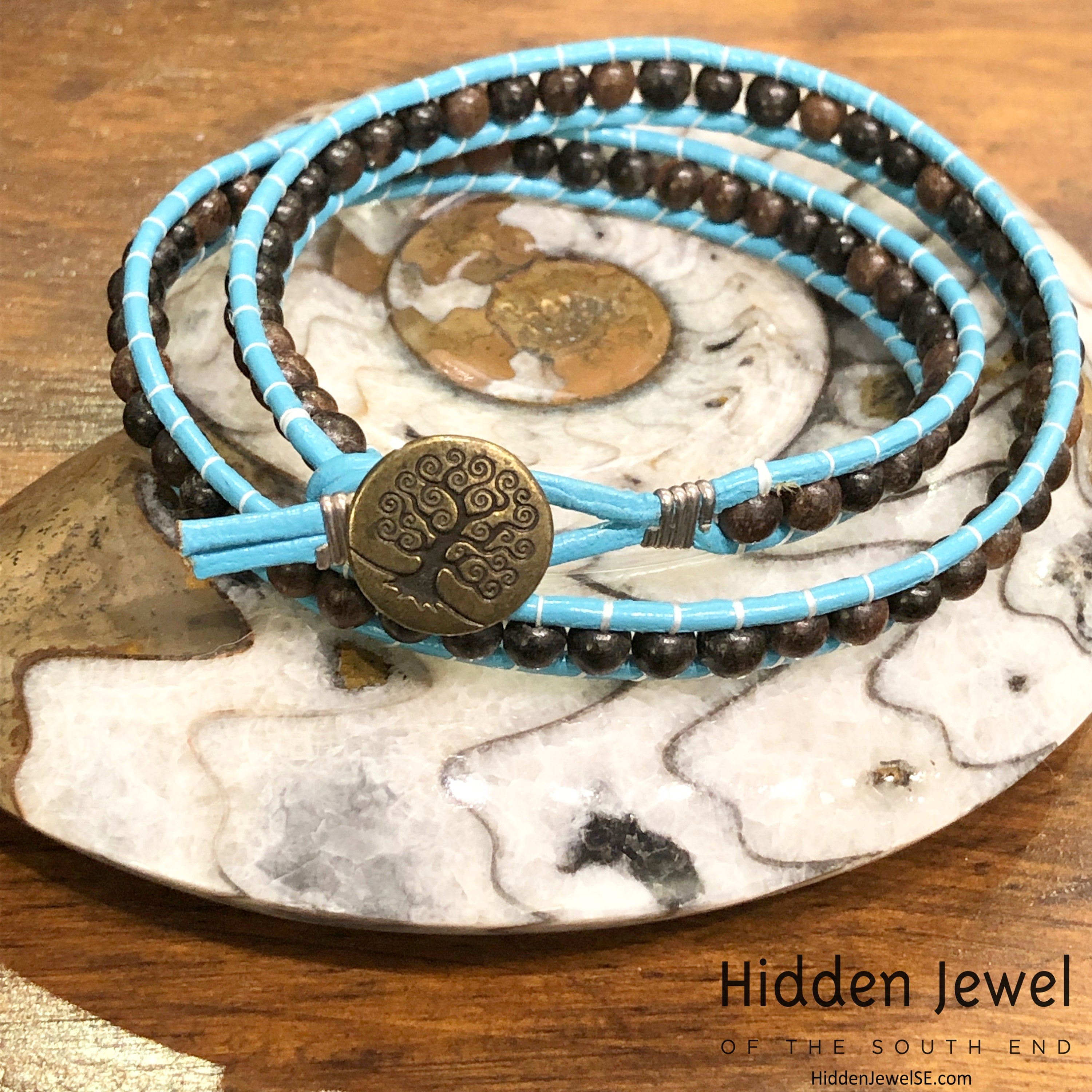 Blue Leather wrap with Ebony wood beads, jewelry