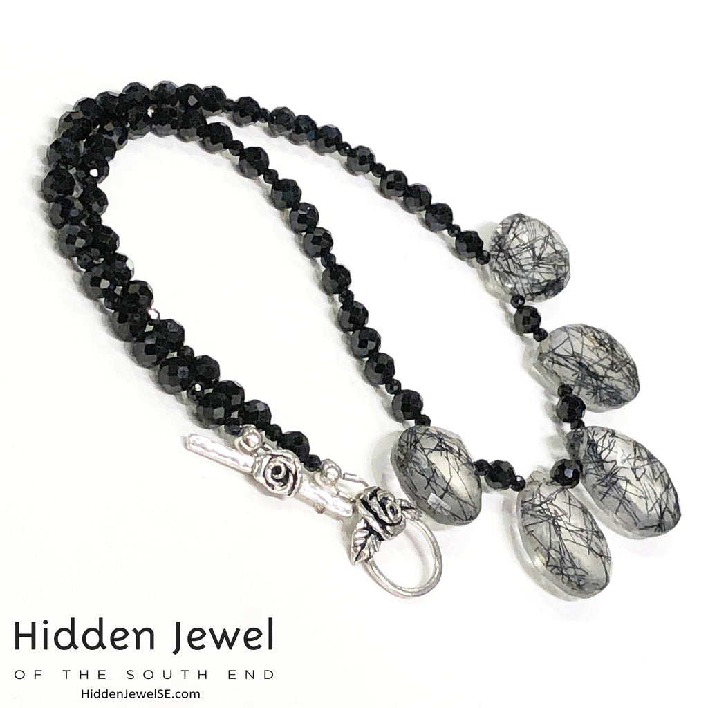 Spinel Gemstone necklace with Rutilated Quartz faceted Drops