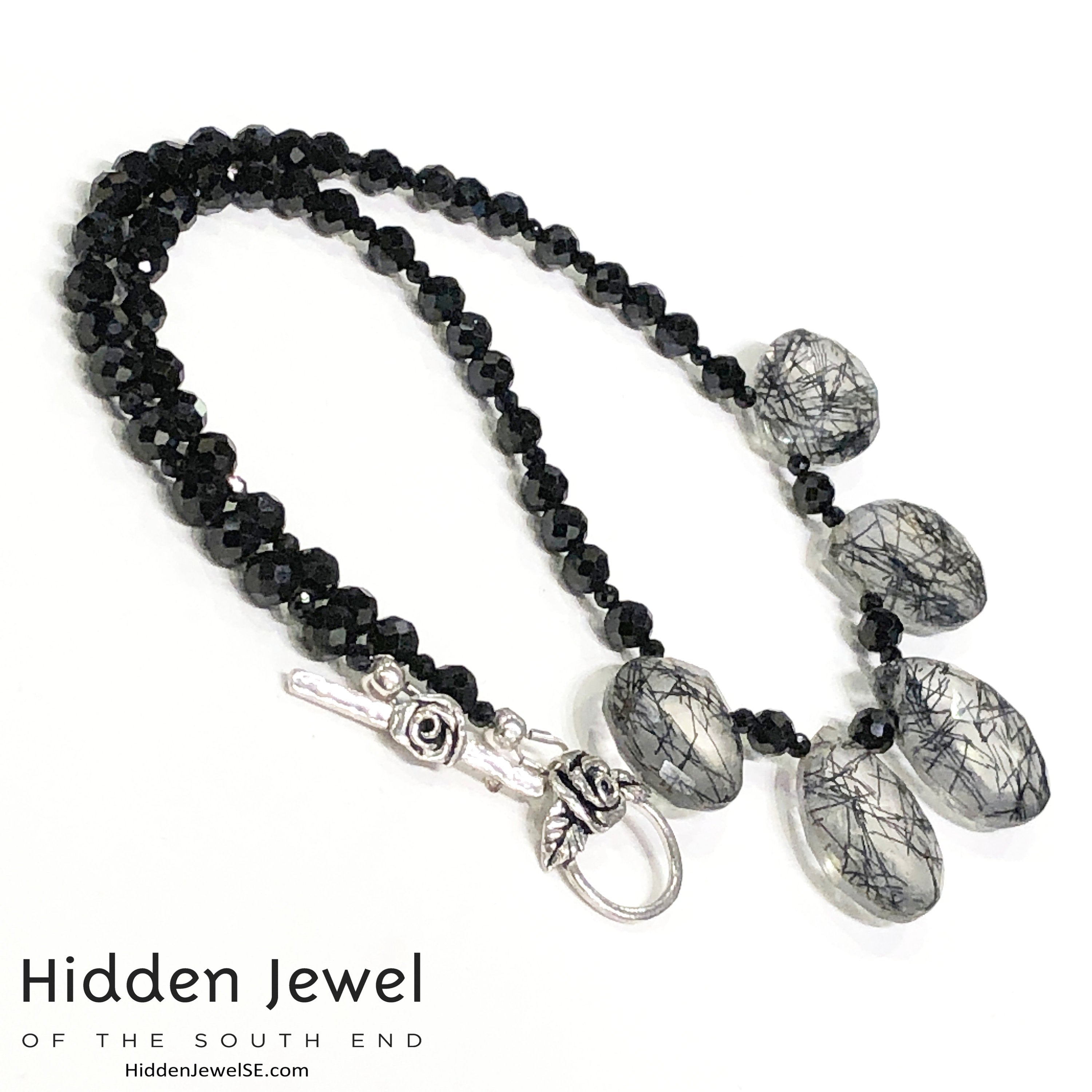Spinel Gemstone necklace with Rutilated Quartz faceted Drops