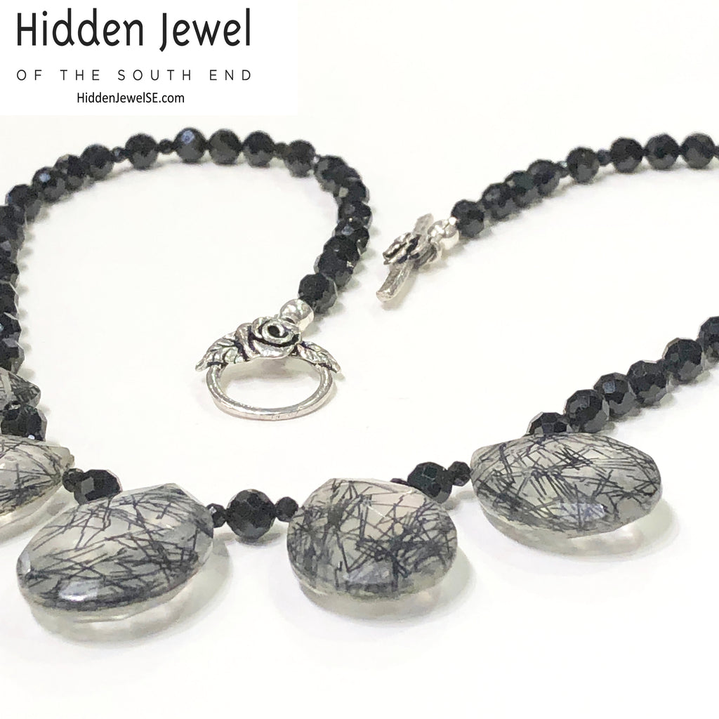 Spinel Gemstone necklace with Rutilated Quartz faceted Drops