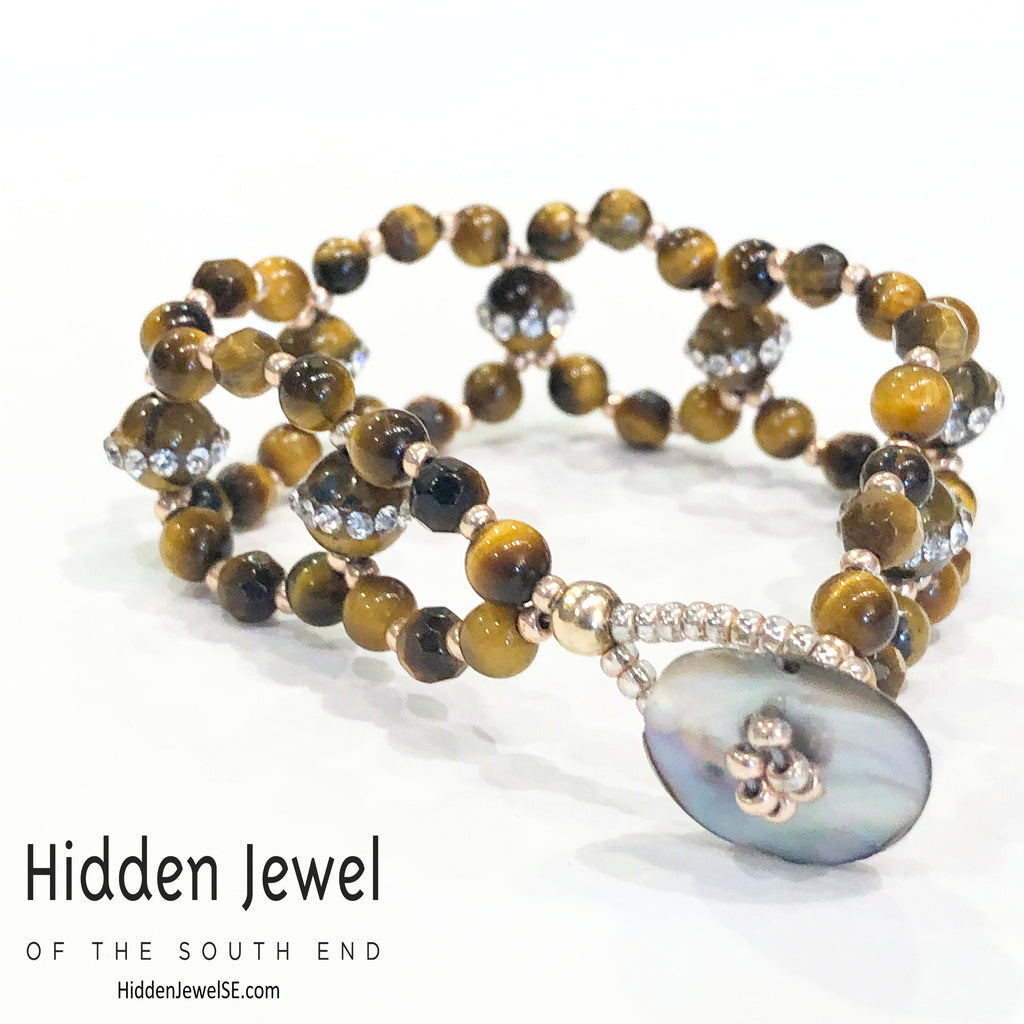 Tiger Eye Cross Weave Bracelet, Tiger Eye bracelet with CZ's, size 6''