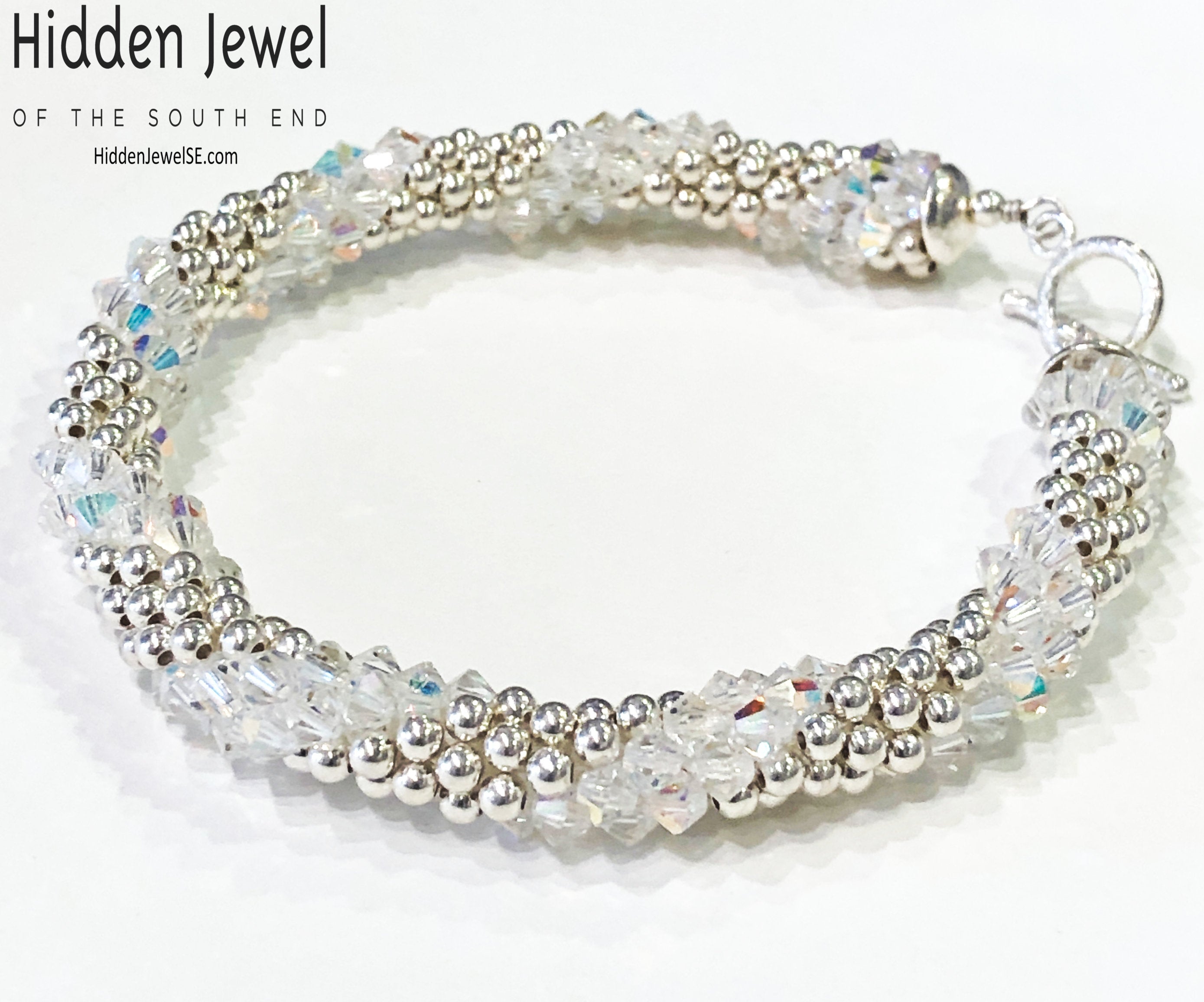 Sterling Silver and Swarovski Crystal crocheted bracelet  sz 8