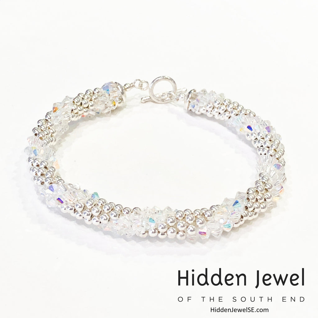 Sterling Silver and Swarovski Crystal crocheted bracelet  sz 8