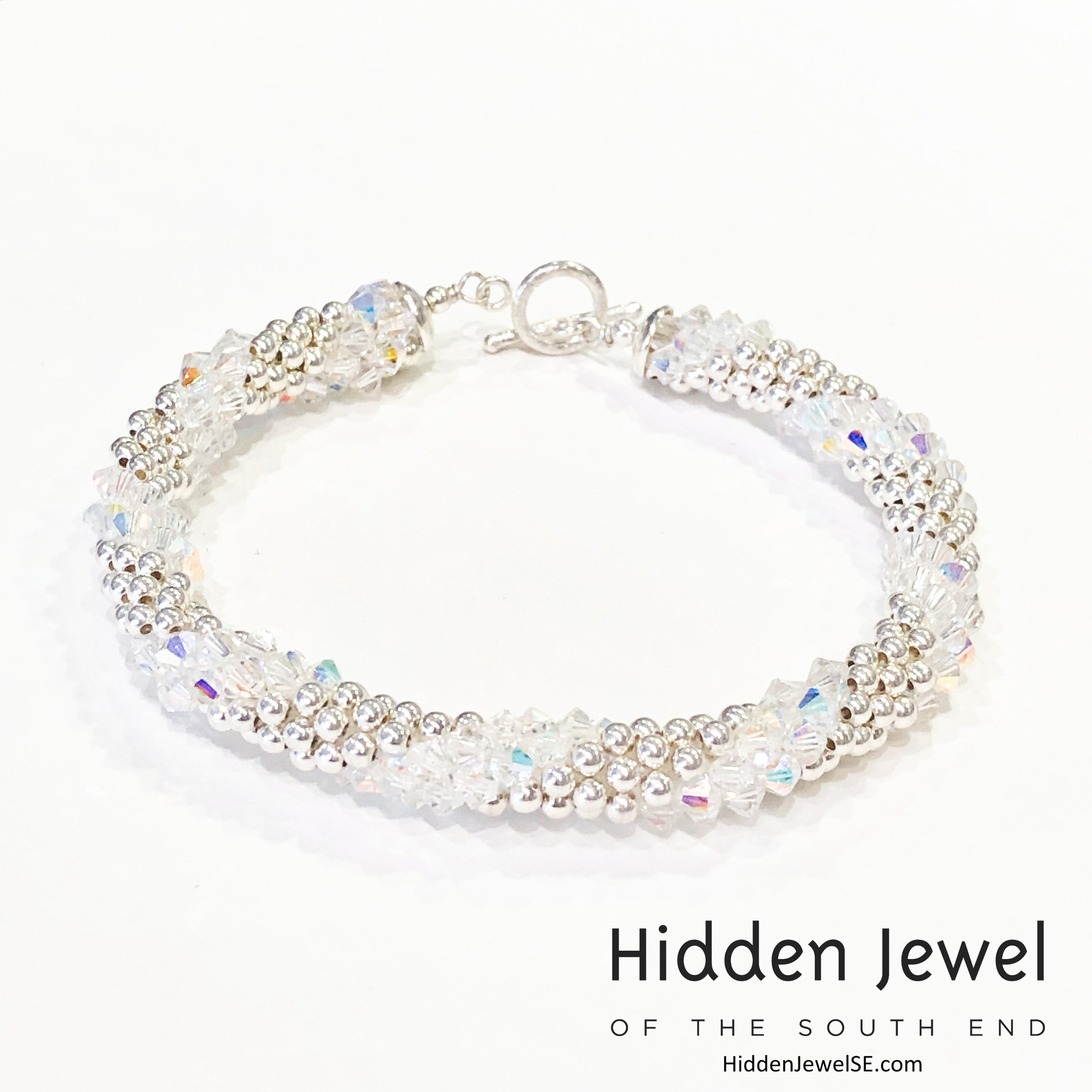 Sterling Silver and Swarovski Crystal crocheted bracelet  sz 8