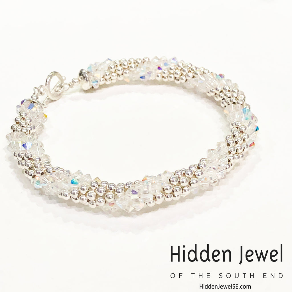 Sterling Silver and Swarovski Crystal crocheted bracelet  sz 8