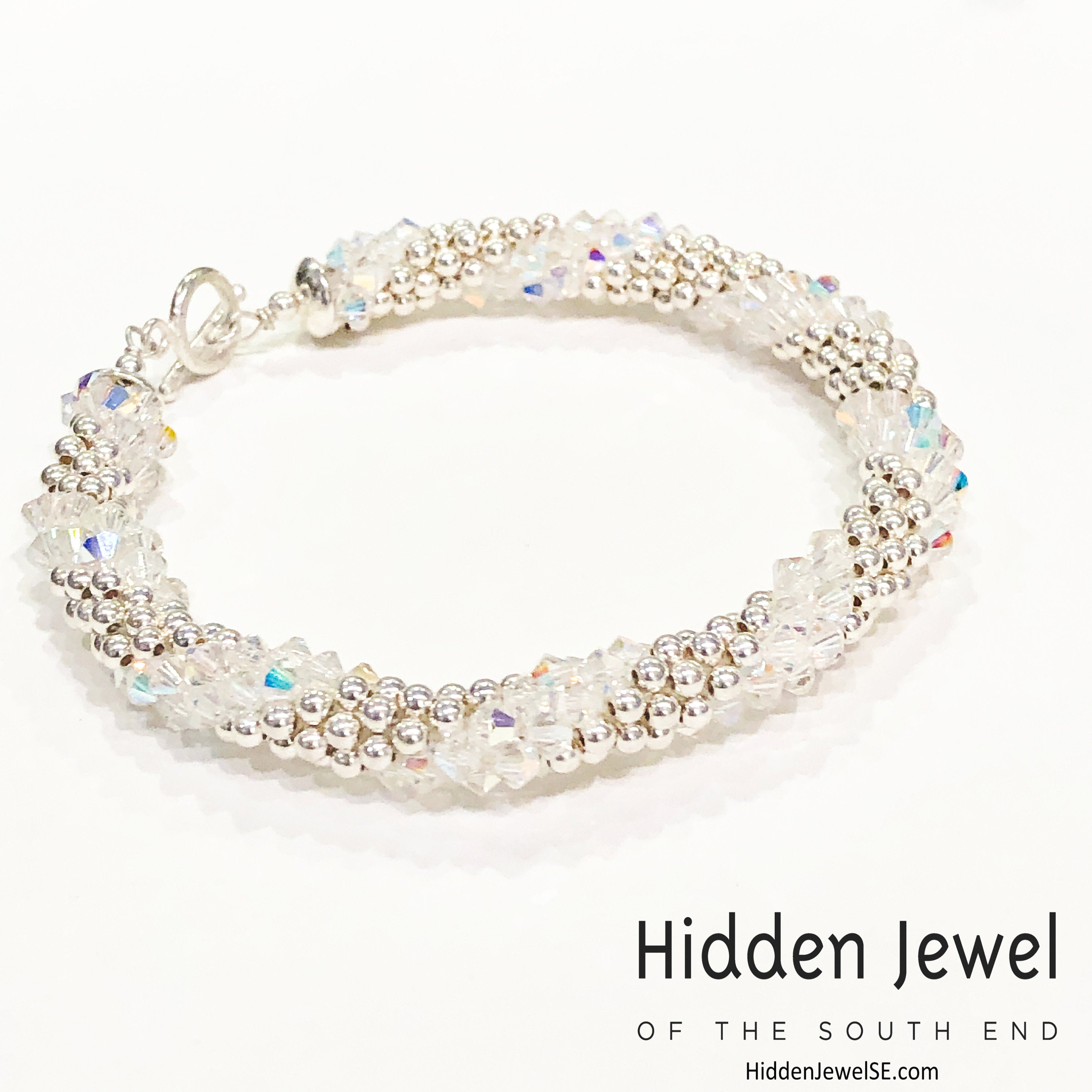 Sterling Silver and Swarovski Crystal crocheted bracelet  sz 8