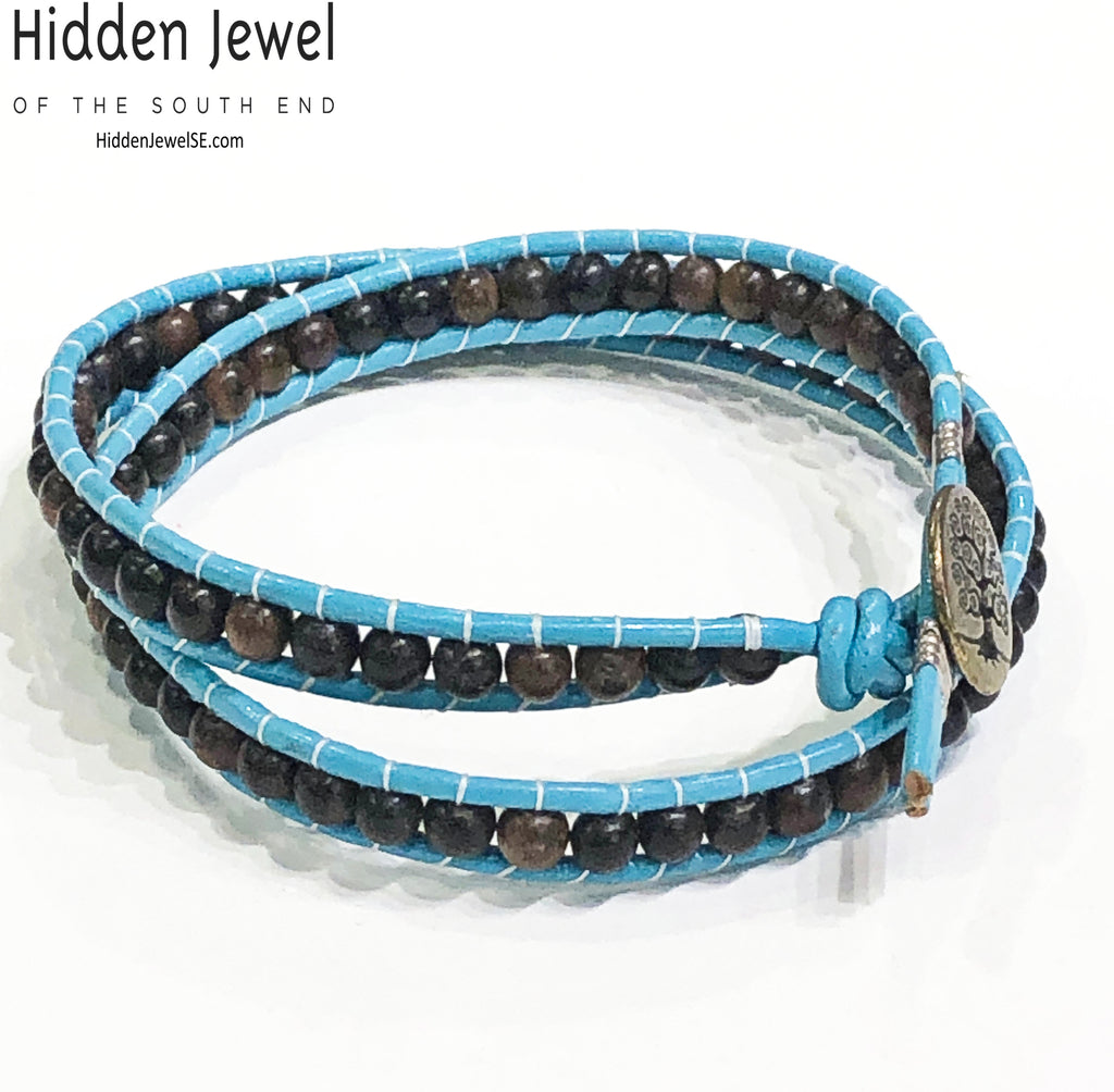 Blue Leather wrap with Ebony wood beads, jewelry