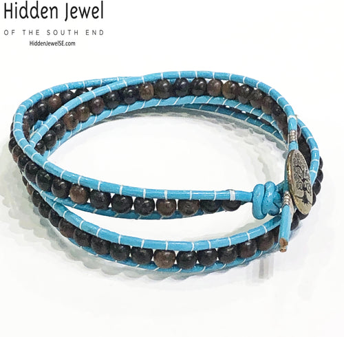 Blue Leather wrap with Ebony wood beads, jewelry