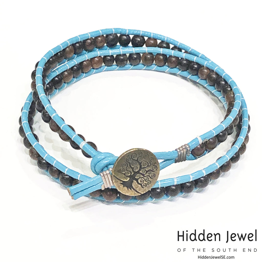 Blue Leather wrap with Ebony wood beads, jewelry