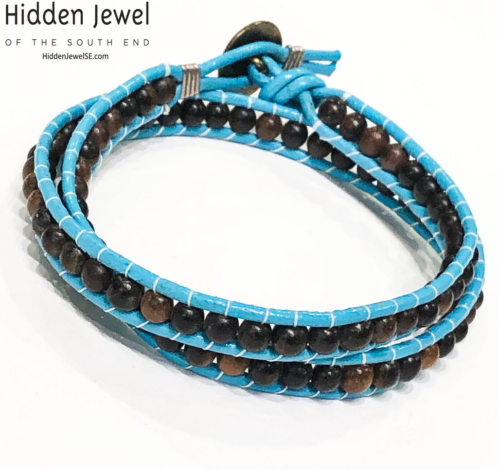 Blue Leather wrap with Ebony wood beads, jewelry
