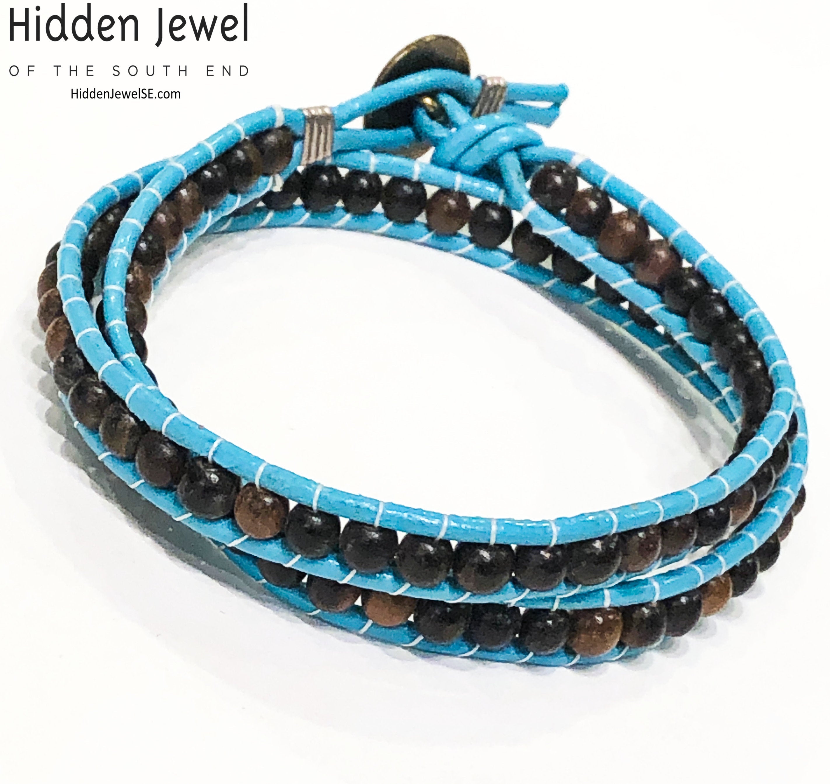 Blue Leather wrap with Ebony wood beads, jewelry