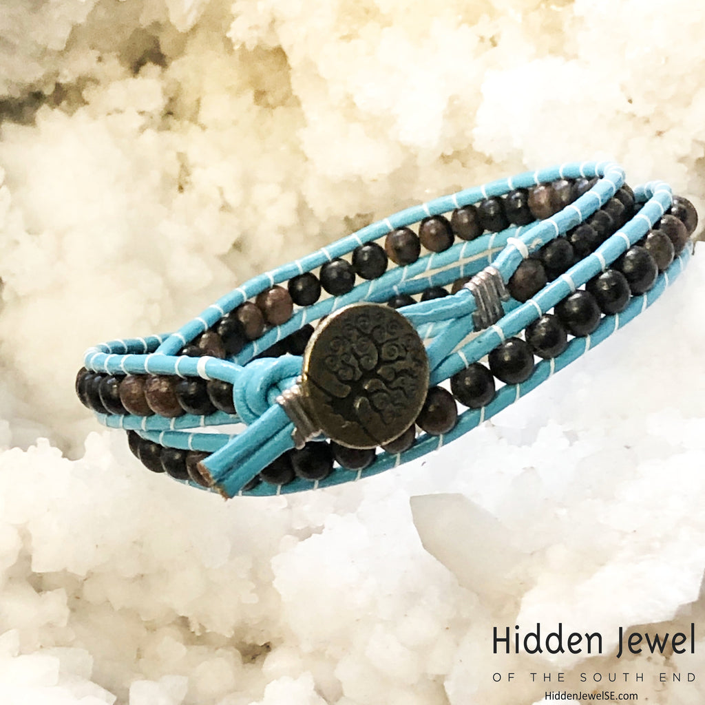 Blue Leather wrap with Ebony wood beads, jewelry