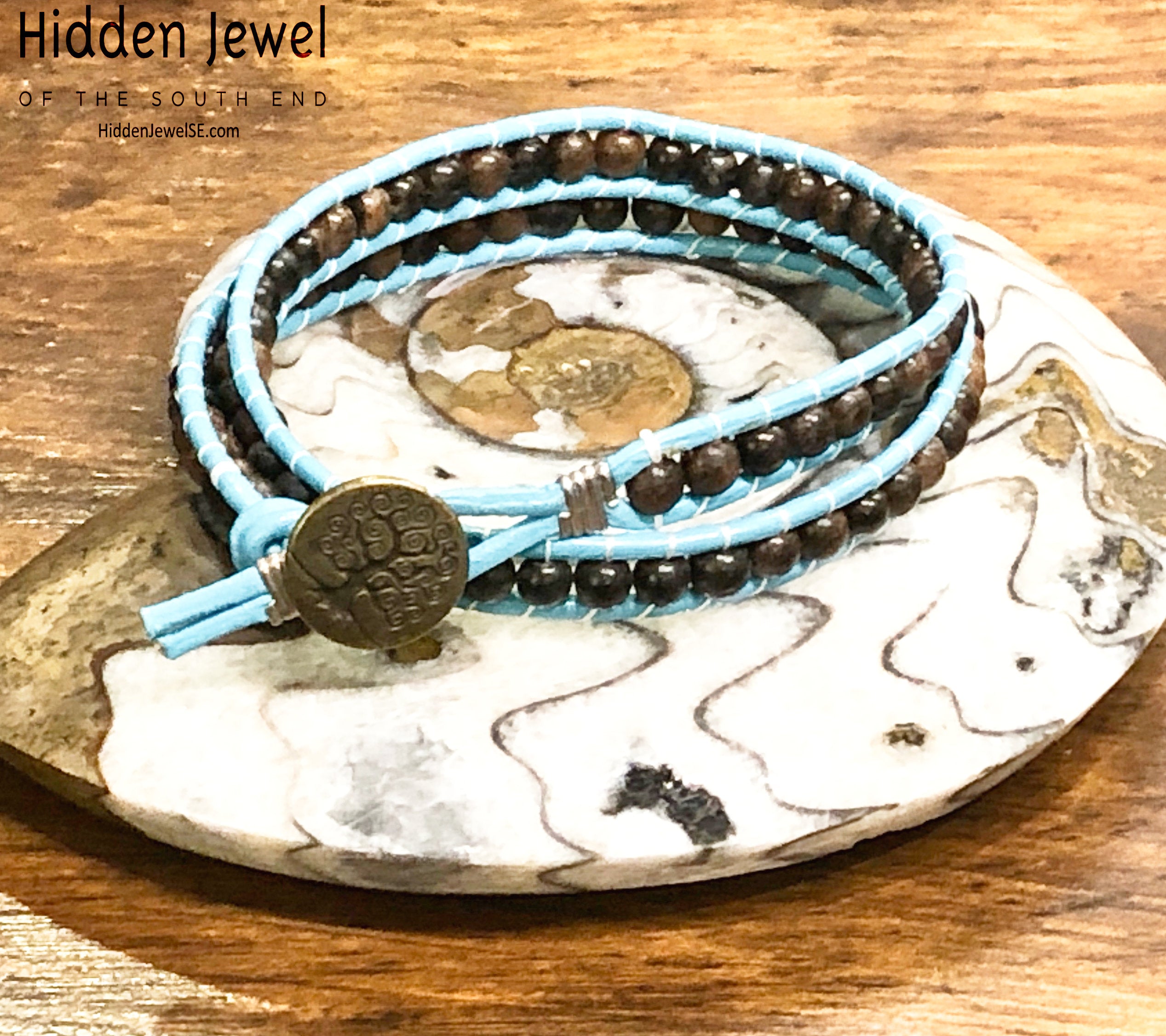 Blue Leather wrap with Ebony wood beads, jewelry